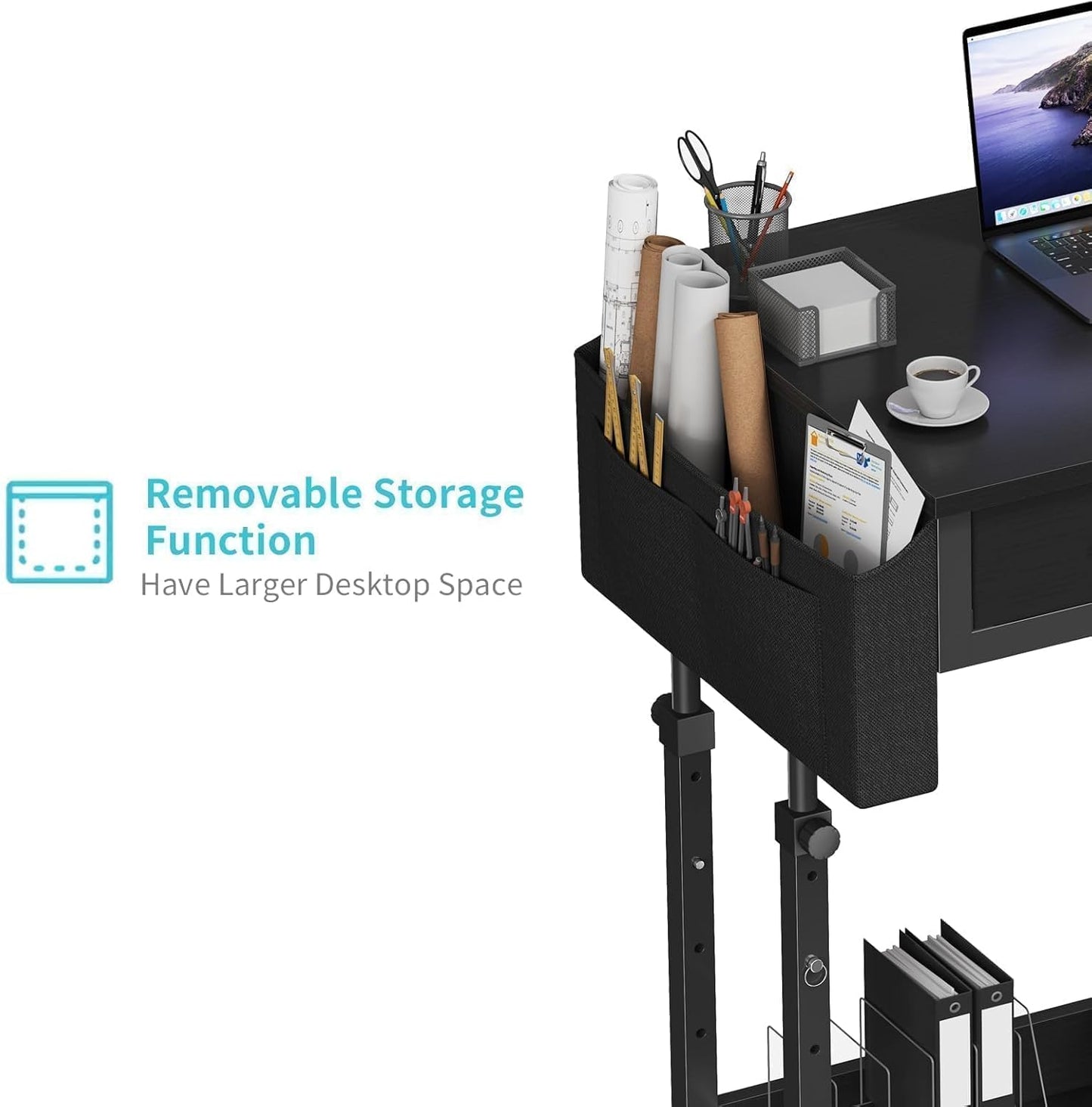 Small Portable Rolling Standing Desk - 32 Inch Adjustable Mobile Stand Up Gaming Desks with 2 Fabric Drawers on Wheels, Couch Sofa Side Laptop Table with Storage for Home Office, Black
