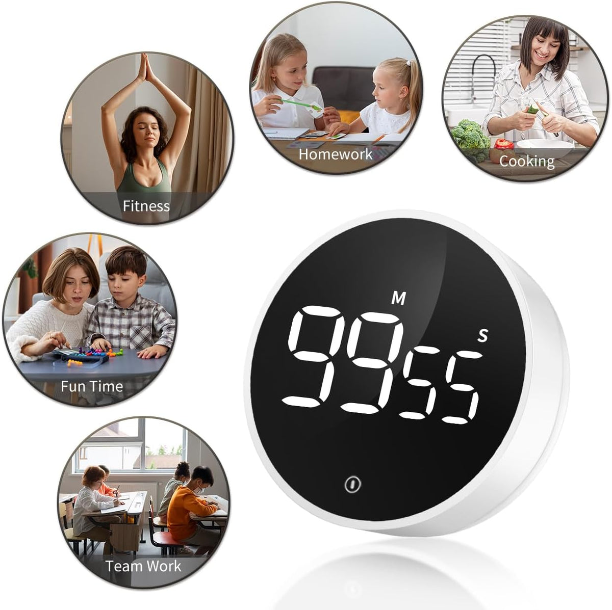 Digital Magnetic Kitchen Timer & Stopwatch with LED Display, White