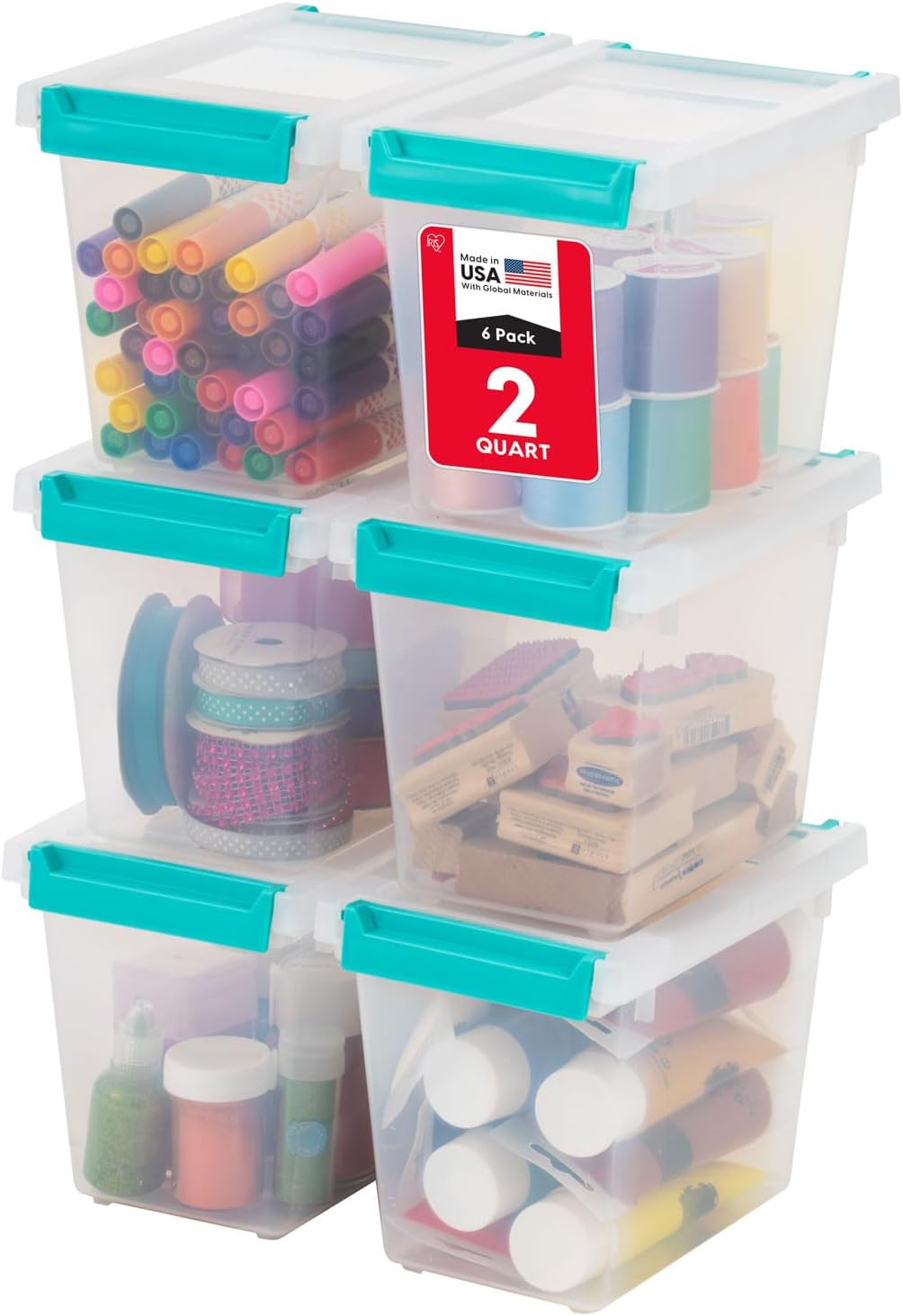 IRIS USA 4 Qt. Craft Storage Bins with Lids, 6-Pack, |Made in USA|, Clip Box, Small Plastic Sensory Bin Tote Organizer Containers for Art Supplies, Paper, & Office, Stackable - Clear/Seafoam Blue