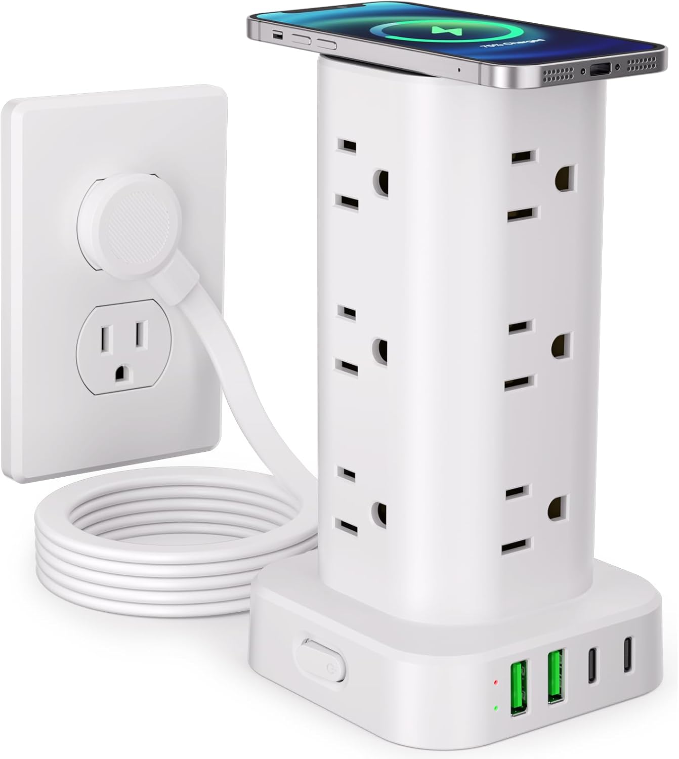 Power Strip Tower with Multiple Outlets, Flat Plug Surge Protector Tower Extension Cord with 12 AC Outlets 4 USB Ports (2 USB C), 6FT Cord Power Tower Surge Protector for Home Office Dorm Room, White