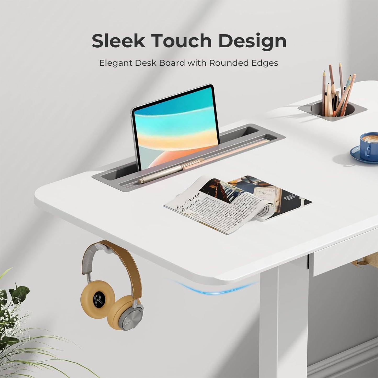 Mobile Standing Desk with Drawer, 28" Rolling Desk with Cup Holder and Hooks, Portable Laptop Cart on Wheels, Height Adjustable Workstation with Storage for Home Office, White