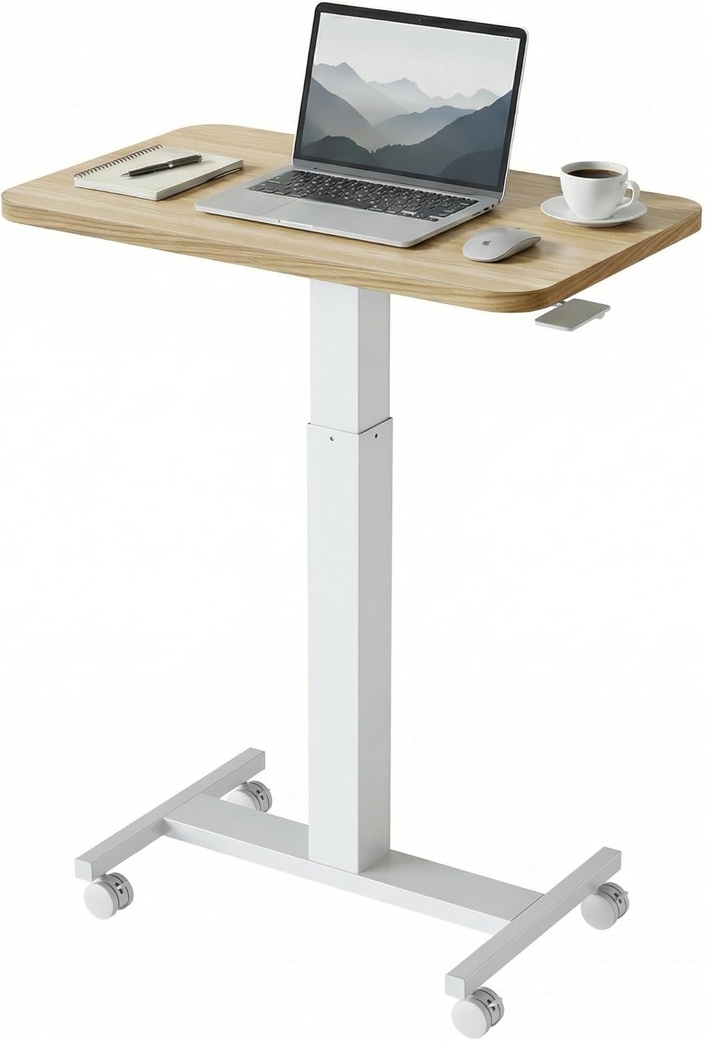 HUANUO Small Rolling Laptop Standing Desk, Height Adjustable Mobile T-Base Desk with Lockable Casters, Portable Sit-Stand Workstation for Bedside & Sofa, Walnut