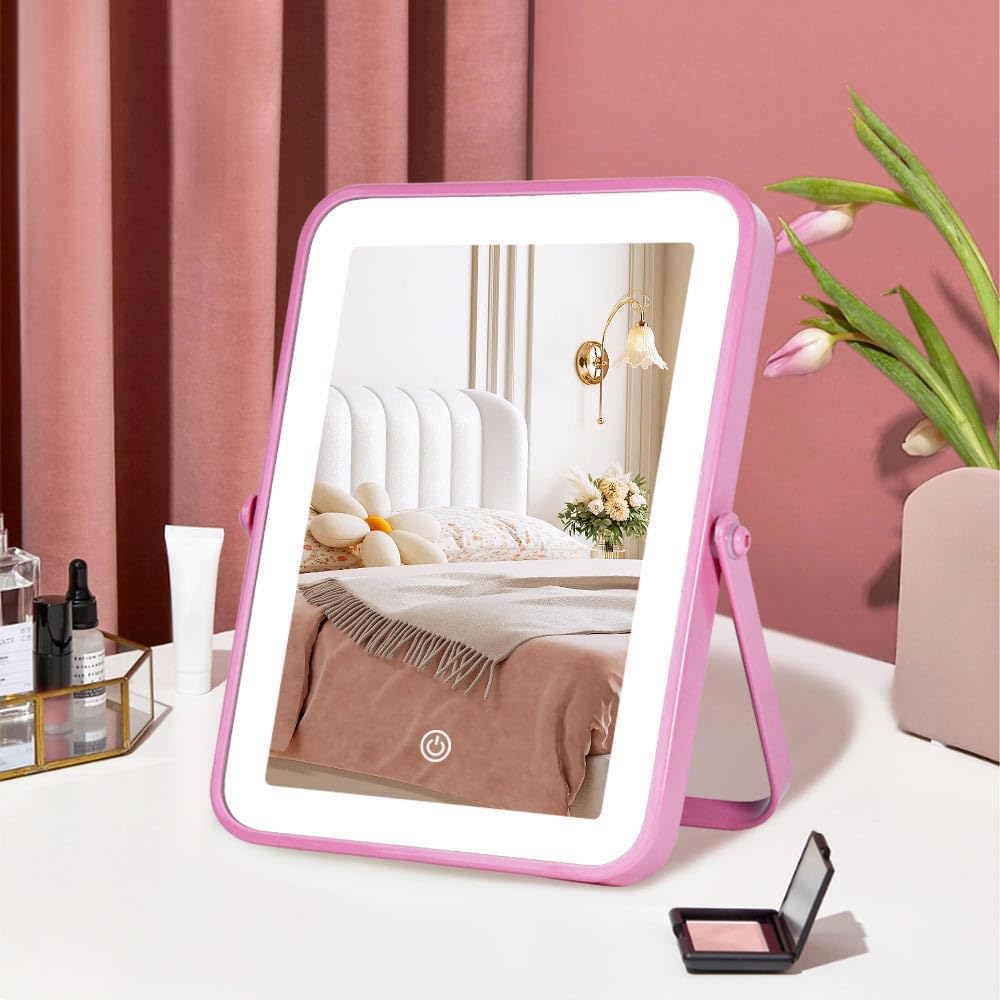 YEKKOPT Travel Mirror with Lights, Small LED Makeup Mirror with Lights,Portable Desk Mirror 1200mAh Battery,3 Color Modes,Dimmable Touch Screen, Tabletop Folding Compact Mirror,Women Gift