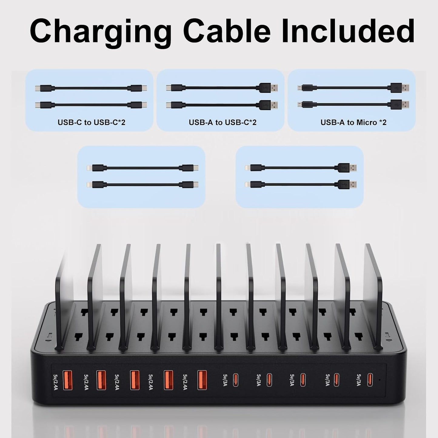 60W Charging Station for Multiple Devices, 10-Port USB Fast Charger | Device Organizer Charging Dock with 10 Mixed Charging Cable & Adjustable Dividers for iPhone, Android, iPad, Tablets & More