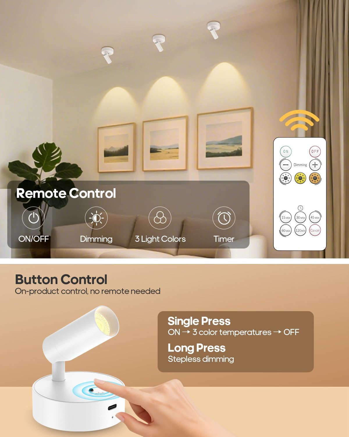 GOODEA Spotlights Indoor with Remote, 3000mAh Rechargeable Battery Plant Spotlight Indoor, Wireless Uplights with 3 Colors & Dimmable, Picture Light for Painting, Accent Lighting(1 Pack, White)