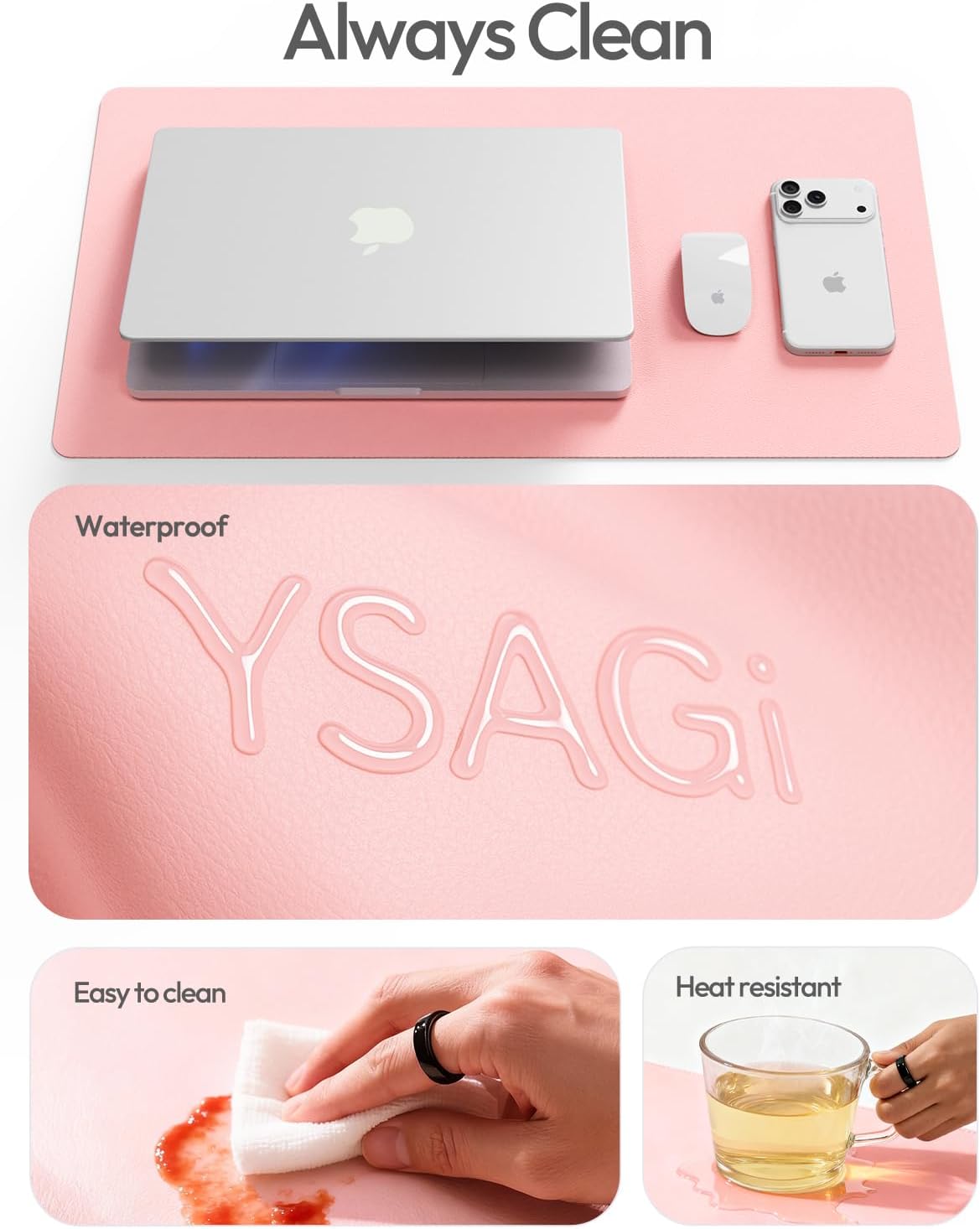 YSAGi Leather Desk Pad Protector, Office Desk Mat, Large Mouse Pad, Non-Slip PU Leather Desk Blotter, Laptop Desk Pad, Waterproof Desk Writing Pad for Office and Home (Light Pink, 47" x 17")