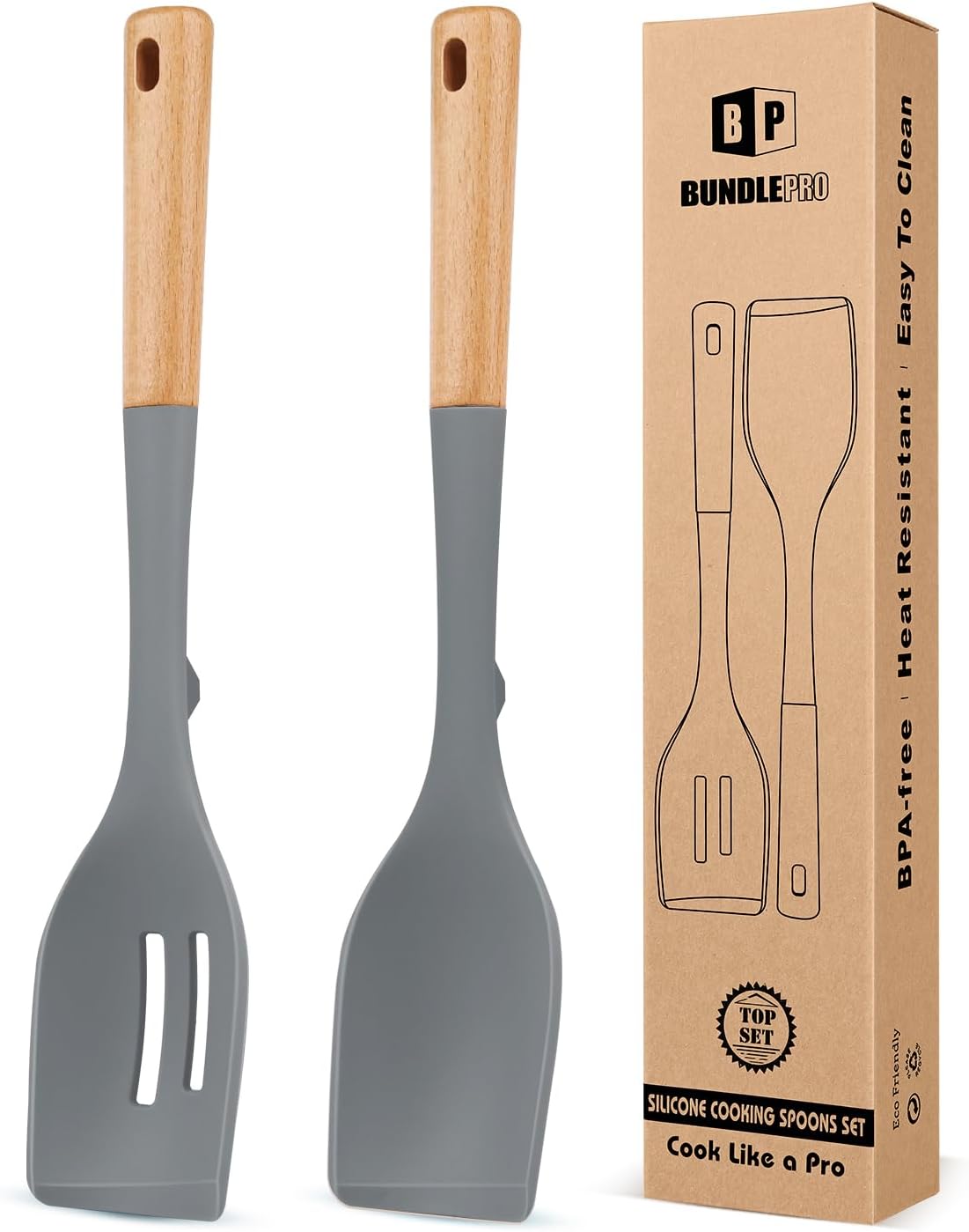 Pack of 2 Large Silicone Cooking Spoons, Heat Resistant Non Stick Kitchen Utensils with Wooden Handle, Ideal for Mixing, Stirring, Serving, Cooking(BLUE)