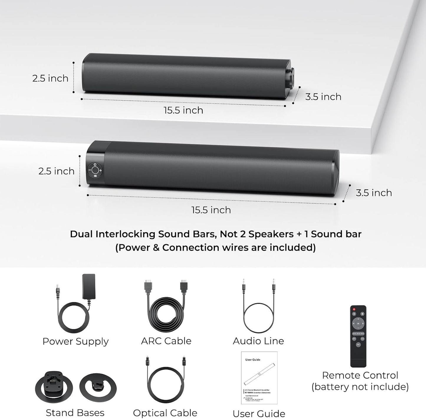 Sound Bar for Smart TV, Soundbar with Bluetooth/ARC/Opt/AUX Connect, Auto Volume Boost, 3 Equalizer Modes, 2 in 1 Detachable Soundbar for TV/PC/Gaming/Projectors