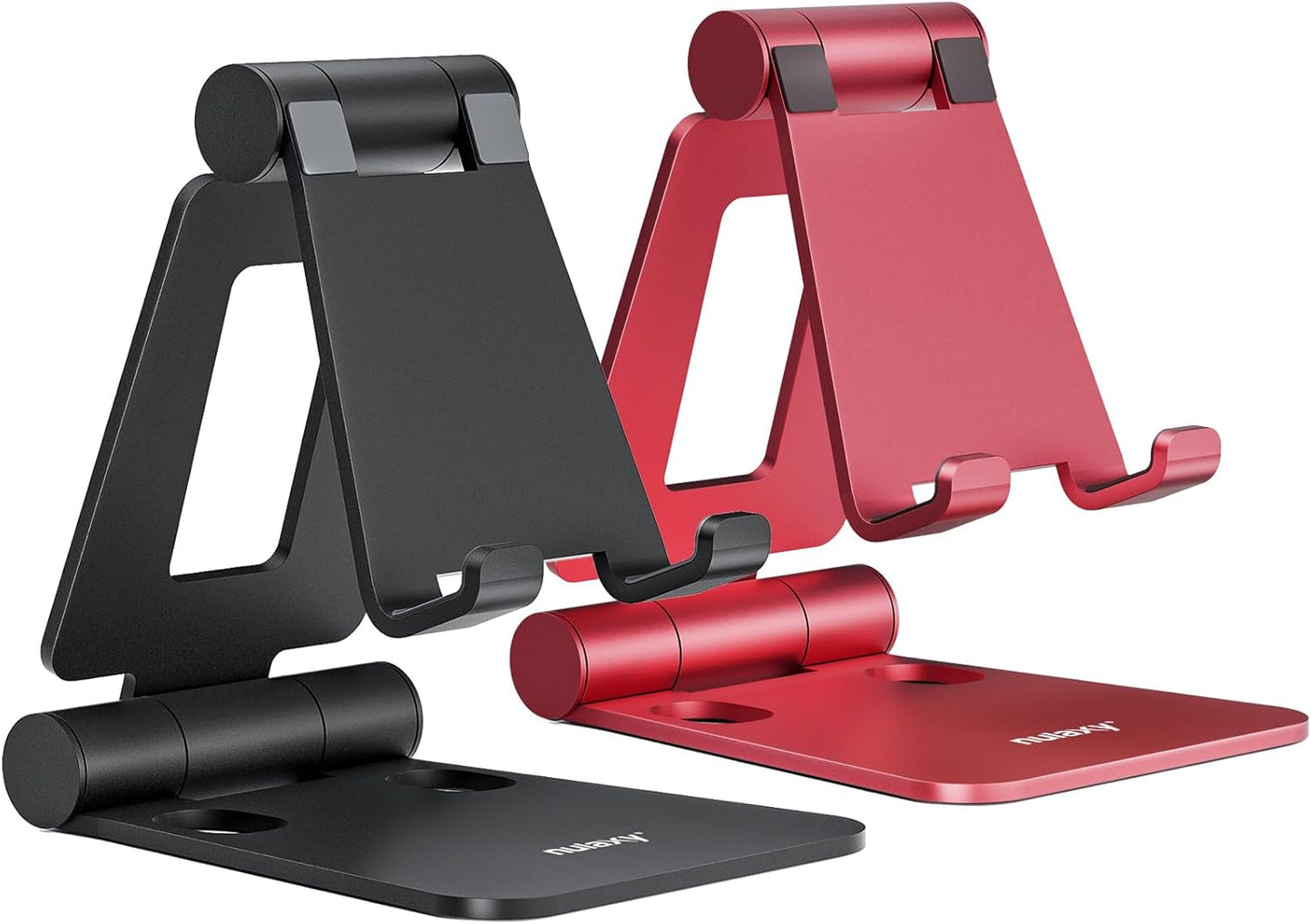 Nulaxy 2 Pack Fully Aluminum Dual Folding Cell Phone Stand, Adjustable Foldable Desktop Phone Holder for Desk Compatible with iPhone 17 16 15 14 13 12 11 Pro Max Xs Xr X 8, All Phones, Black & Silver