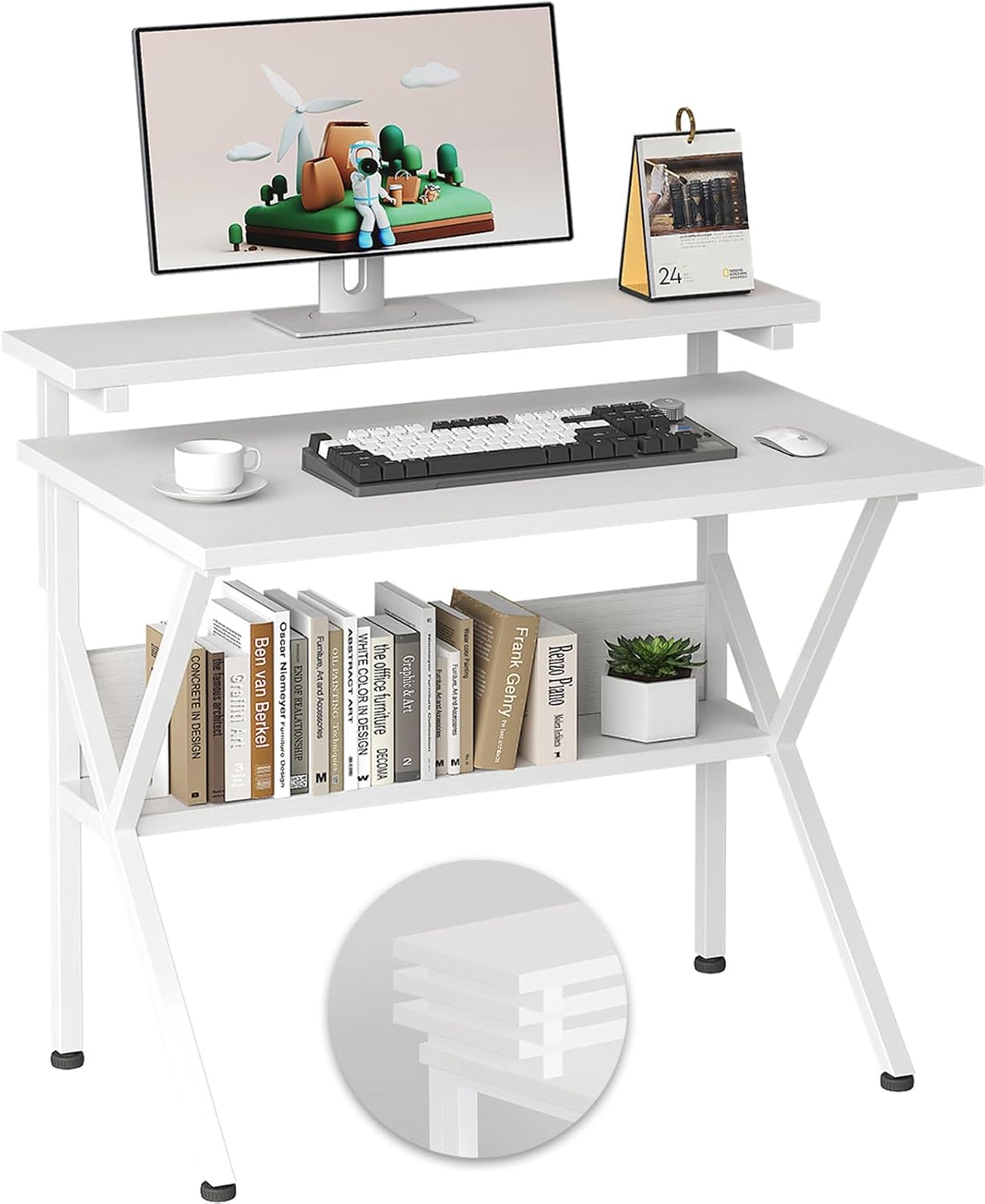 COTUBLR Small Desk, Small Computer Desk for Spaces, 27.5 Inch Computer Desk with Adjustable Monitor Stand, Compact Desk with Storage for Bedroom Home Office, White Tabletop+Black Frame