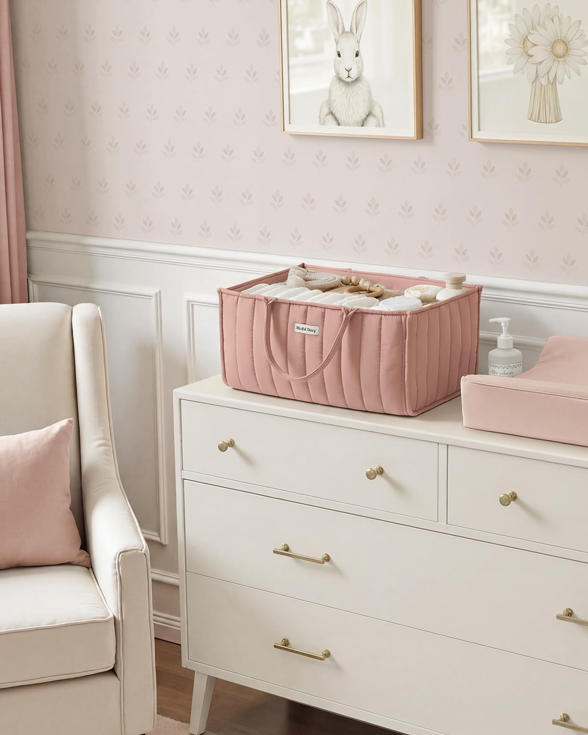 Blissful Diary Baby Diaper Caddy Organizer, Stylish Storage Basket for Newborn Essentials and Diaper Station, Gift for Baby Shower and Registry Must-Have, Blush Pink