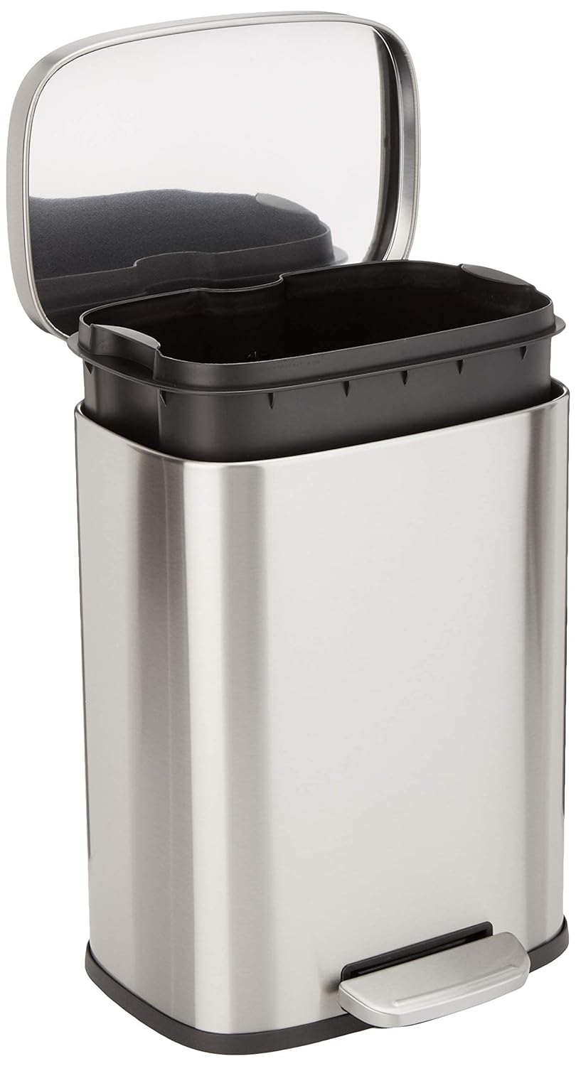 Amazon Basics MINI Trash Can, 1.32 Gallon (5L) Smudge Resistant Rectangular Bin with Soft-Close Lid, Step Foot Pedal, Removable Inner Bucket, Brushed Stainless Steel, for Bathroom, Satin Nickel Finish