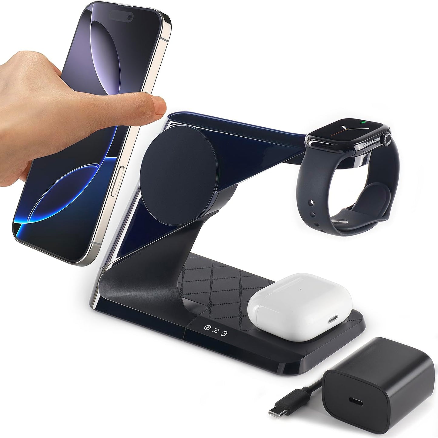 3 in 1 Charging Station for Apple Devices, Mag-Safe Charger Stand, Wireless Charger for iPhone 16/15/14/13/12 Series,& AirPods,& iWatch, Adapter Not Included