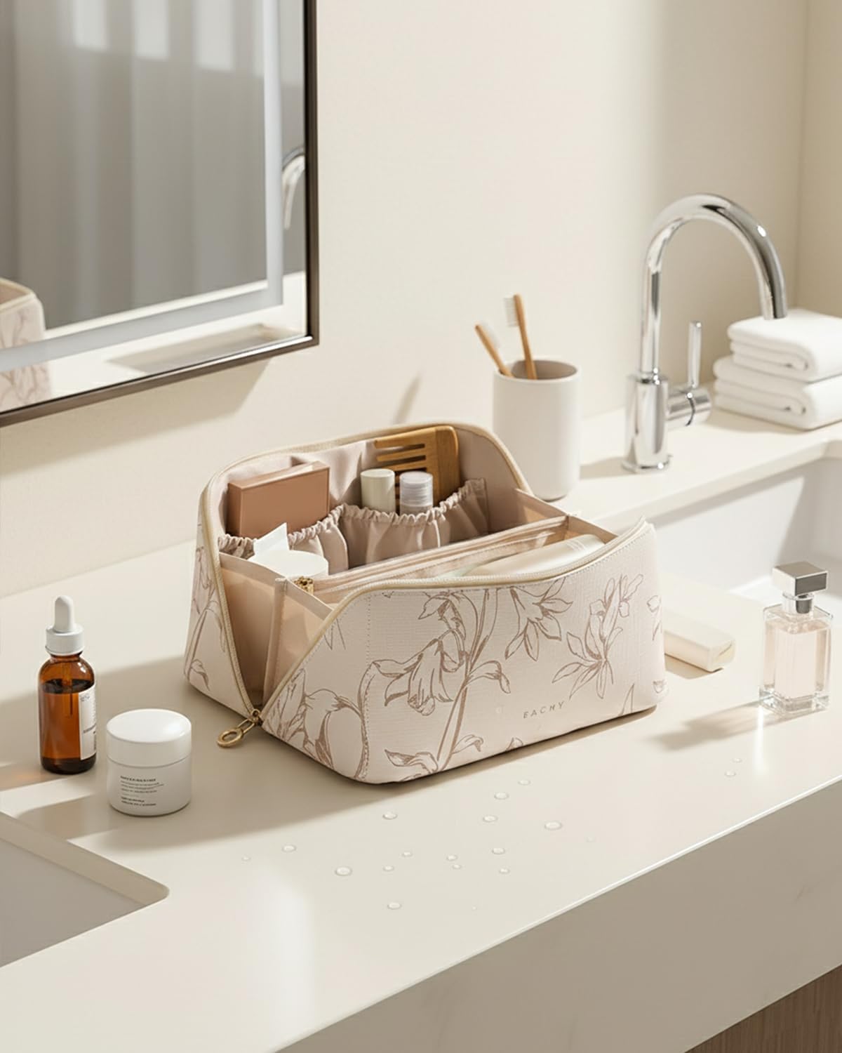 EACHY Travel Makeup Bag, Large Capacity Cosmetic Bags for Women, Waterproof Portable Pouch Open Flat Toiletry Bag Pattern Make up Bag (F-Beige)