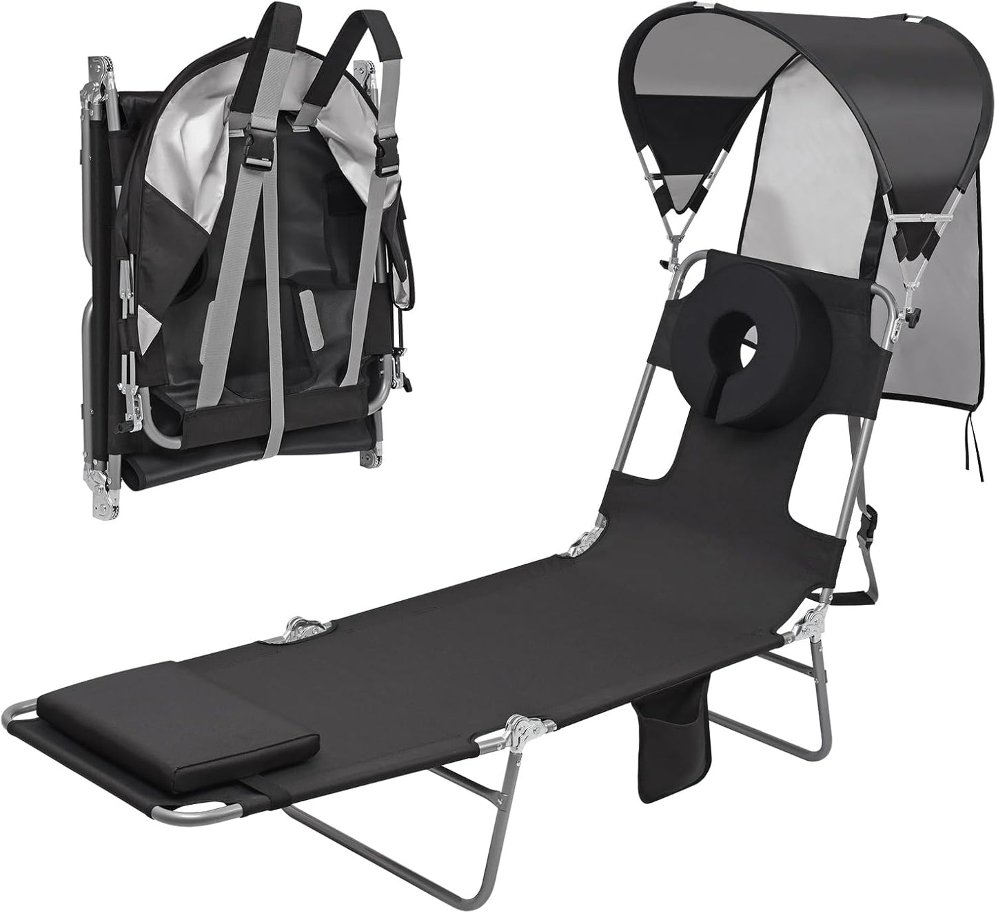 Backpack Beach Tanning Lounge Chair with Canopy Shade Face Hole Padded Adjustable Washable, 6 Position Layout Chair for Outside Sunbathing Poolside Lawn, UPF 50+ Wind-Resistant Sun Shade, Patented