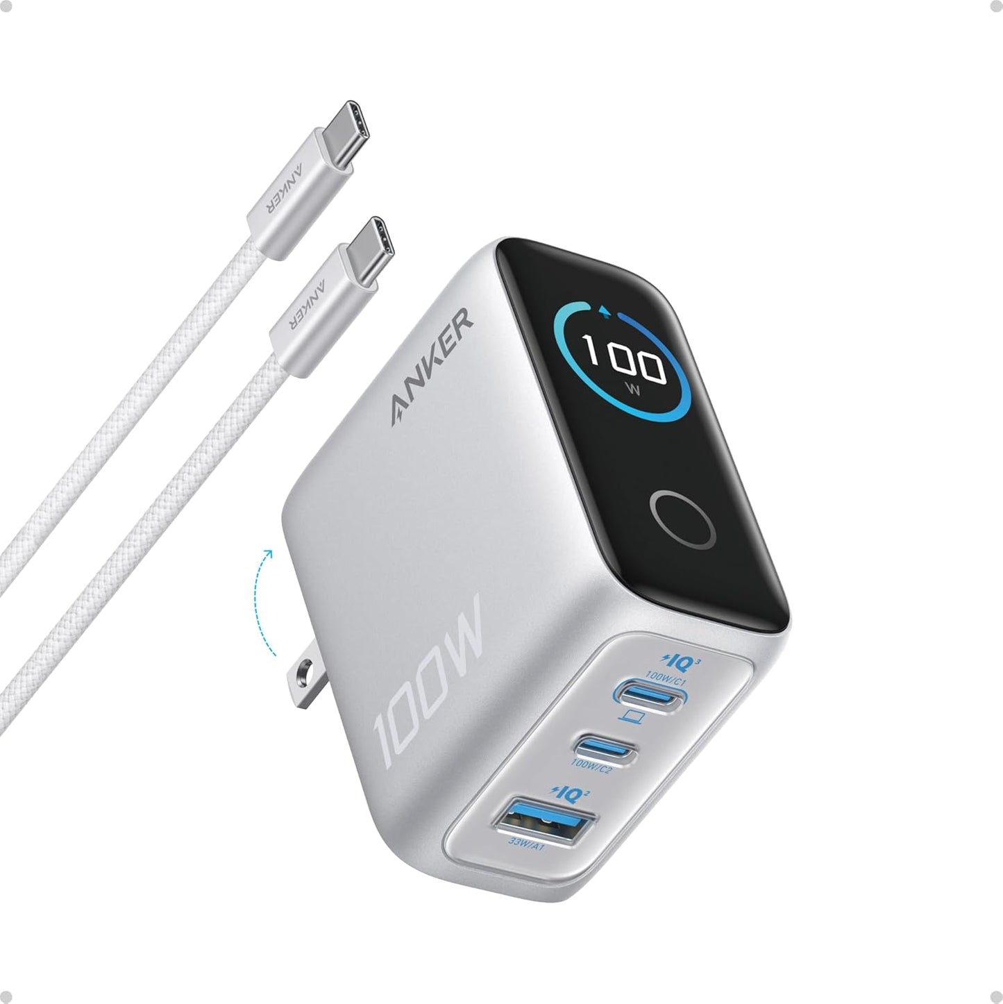 Anker Phone Charger,UP to 100W USB C Charger Block,Ultra-Compact 3-Port GaN Fast Wall Adapter with Smart Display and Touch Control for iPhone 17 Series,iPad,MacBook Pro/Air(Include Cable,Non-Battery)