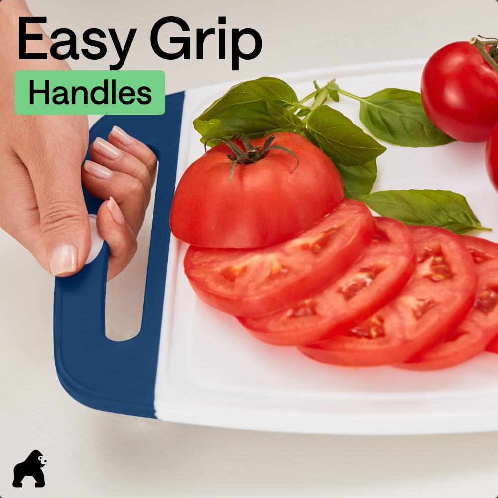 GORILLA GRIP BPA-Free Reversible Kitchen Cutting Board Set of 3, US Designed, Nonporous, Juice Grooves Catch Liquid, Slip Resistant Border, Dishwasher Safe, Durable Large Food Chopping Boards, Blue