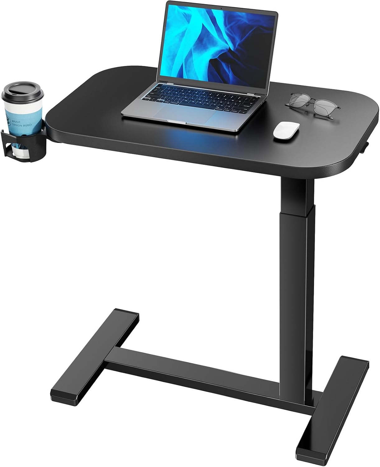 HUANUO 32Inch Bedside Table with Wheels, Height-Adjustable Rolling Computer Cart, Overbed Table with Cup Holder, Pneumatic Laptop Standing Desk for Home Office, White