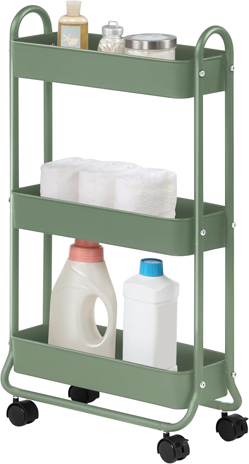 SunnyPoint Slim Rolling Storage Cart, 3 Tier Bathroom Storage Organizer Bathroom, Laundry Utility Cart (Army)