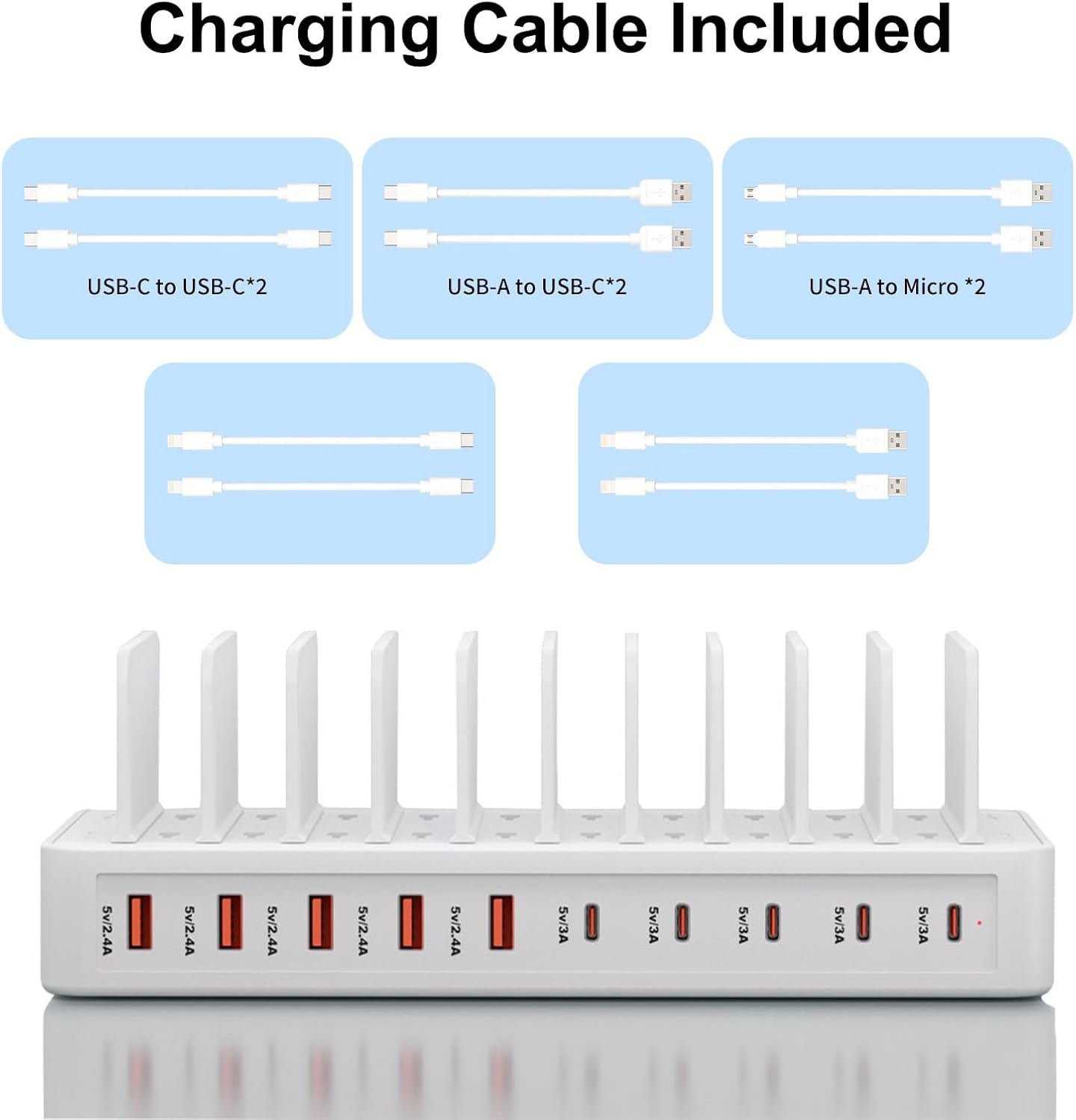 60W Charging Station for Multiple Devices, 10-Port USB Fast Charger | Device Organizer Charging Dock with 10 Mixed Charging Cable & Adjustable Dividers for iPhone, Android, iPad, Tablets & More