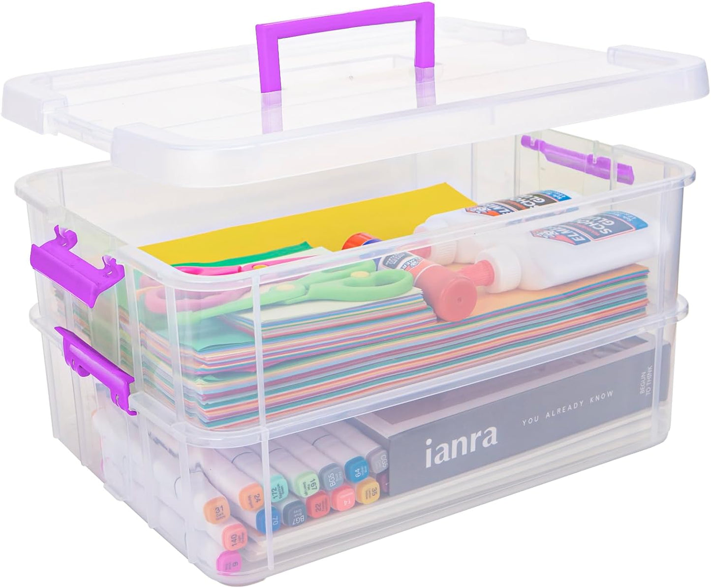 TERGOO 2 Layer Plastic Storage Containers with Lids, Multipurpose Clear Stack & Carry Box, Portable Craft Organizers and Storage Bin for Organizing Art & Craft, Sewing, Makeup, Nail Supplies (Black)