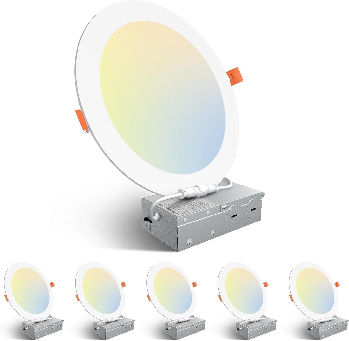 Amico 6 Pack 4 Inch 5CCT Ultra-Thin LED Recessed Ceiling Light with Junction Box, 2700K/3000K/3500K/4000K/5000K Selectable, 11W Eqv 70W, Dimmable Canless Downlight, 800LM High Brightness,Black