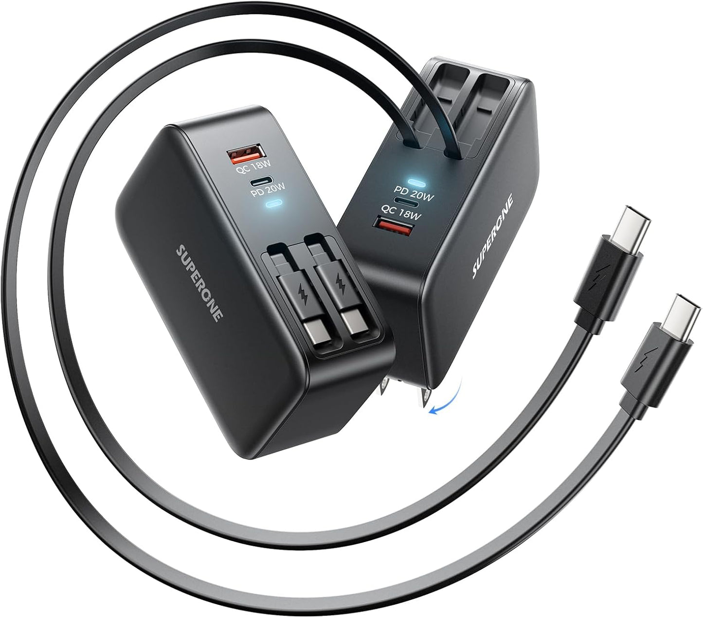 SUPERONE Retractable iPhone Charger, 4-Port USB C Charger Block, iPhone Chargers Fast Charging with USB C & Apple Cable, Wall Chargers for iPhones 17/16/15/14/13/12/11 Series, Pad, Samsung, Pixel