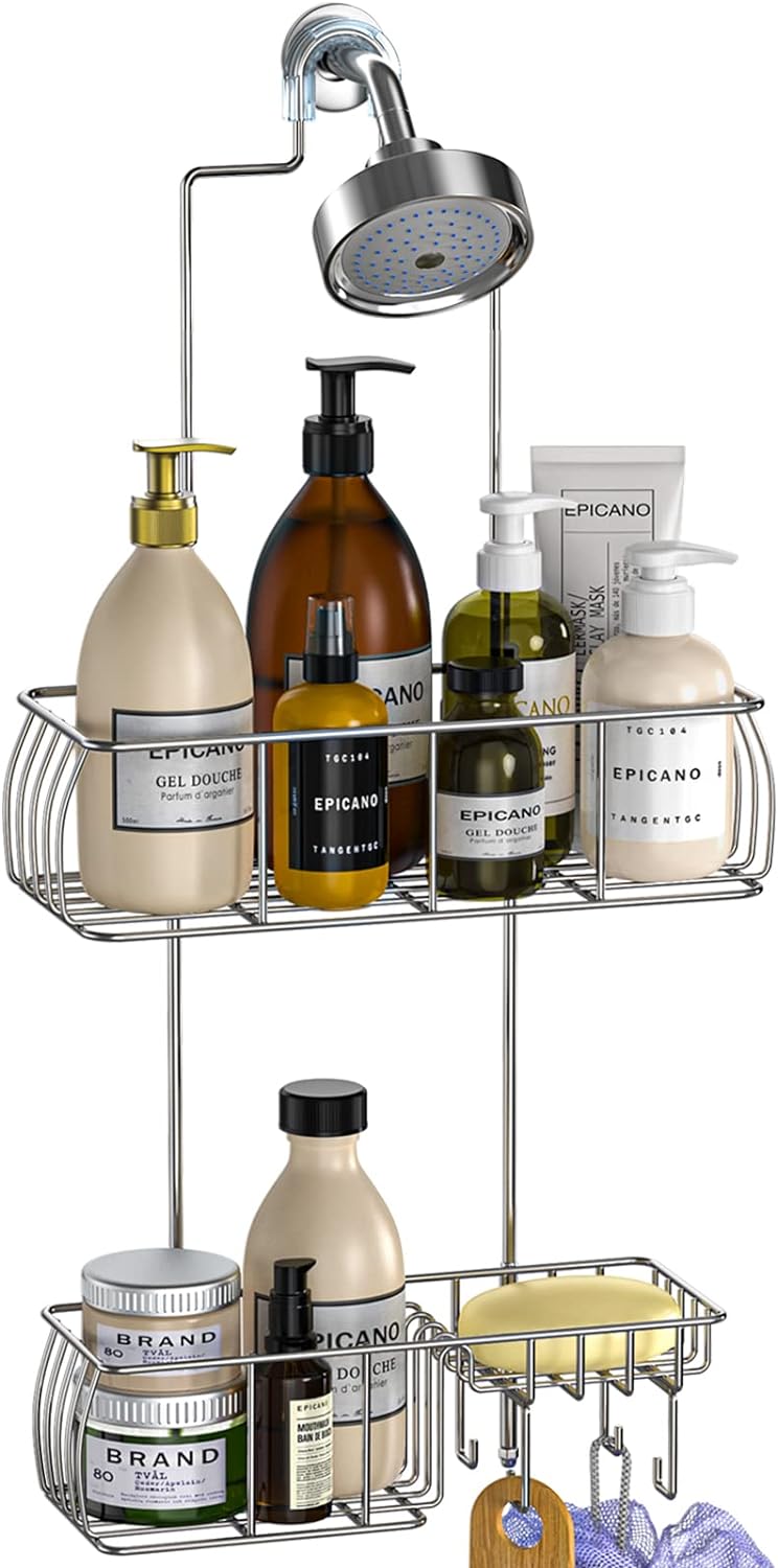 Epicano Shower Caddy Hanging, Anti-Swing Over Head Shower Caddy Rustproof with hooks for Towels, Sponge and more,White