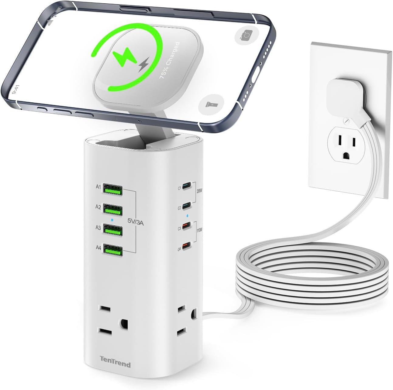 TenTrend Power Strip Tower, 4.8A Fast Charging Tower, 5 FT Extension Cord | 12 AC Outlets & 8 USB Ports (4USB-C), Flat Plug Charging Station for Home, Office, Dorm Room