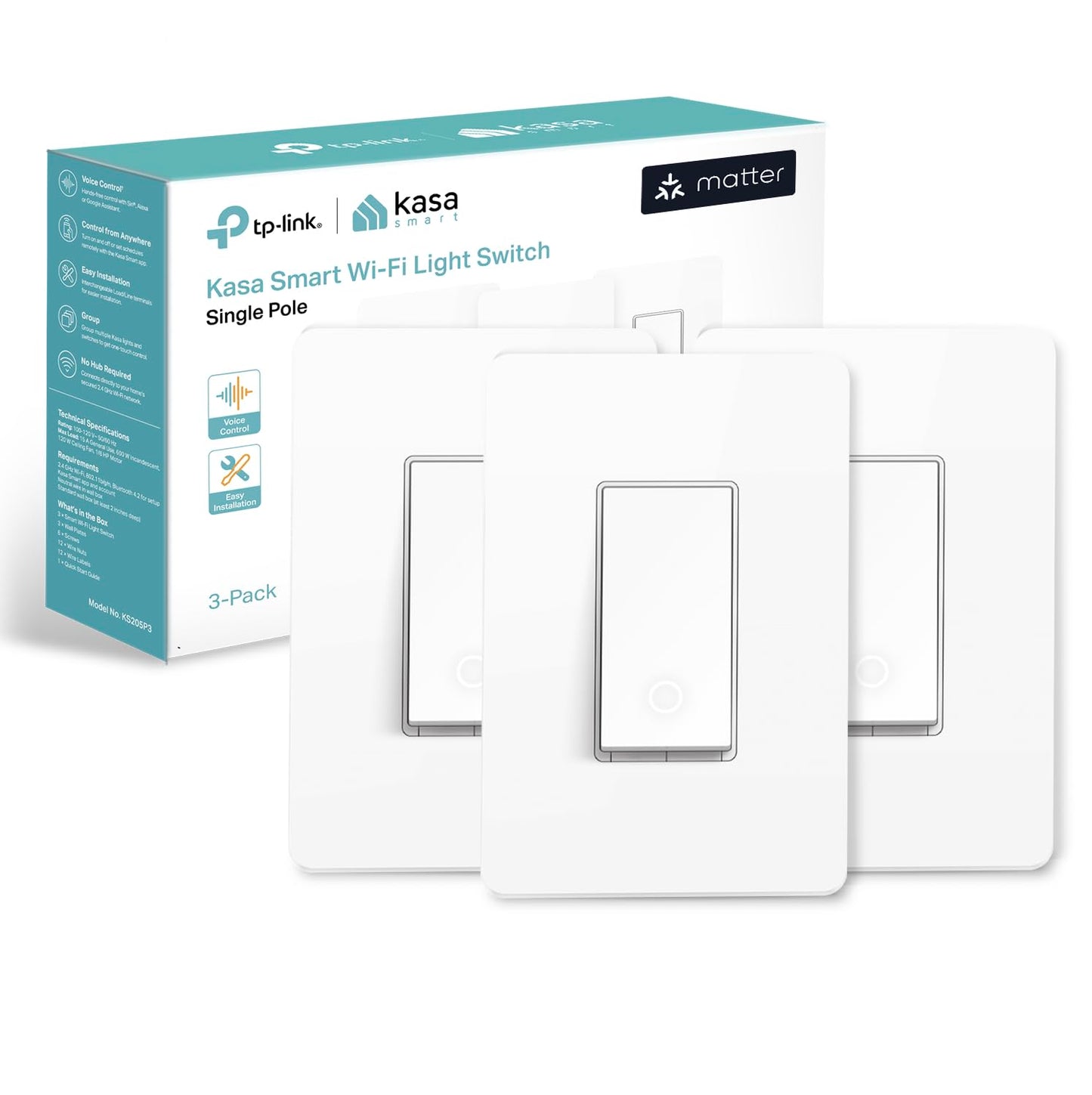 Kasa Smart Light Switch HS200P3, Single Pole, Needs Neutral Wire, 2.4GHz Wi-Fi Light Switch Compatible with Alexa and Google Home, UL Certified, No Hub Required, 3 Count -Pack of 1 , White