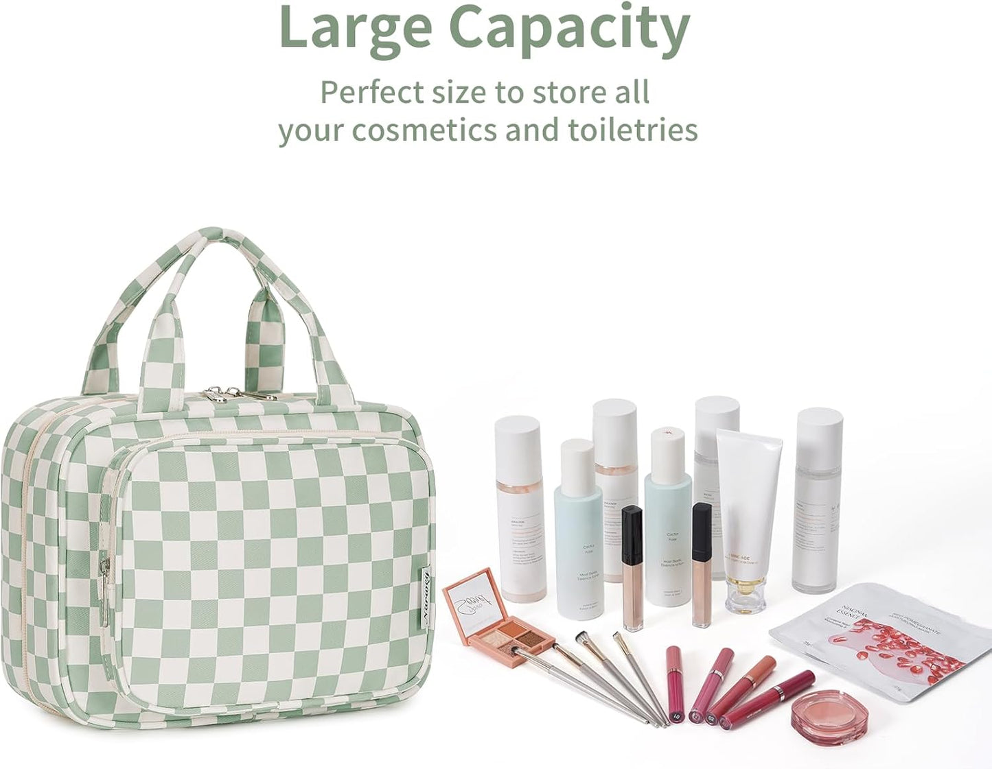 Narwey Hanging Toiletry Bag for Women Travel Checkered Makeup Bag Organizer Toiletries Bag for Travel Size Essentials, Accessories, Brushes, Cosmetics (Green Checkerboard (Medium))