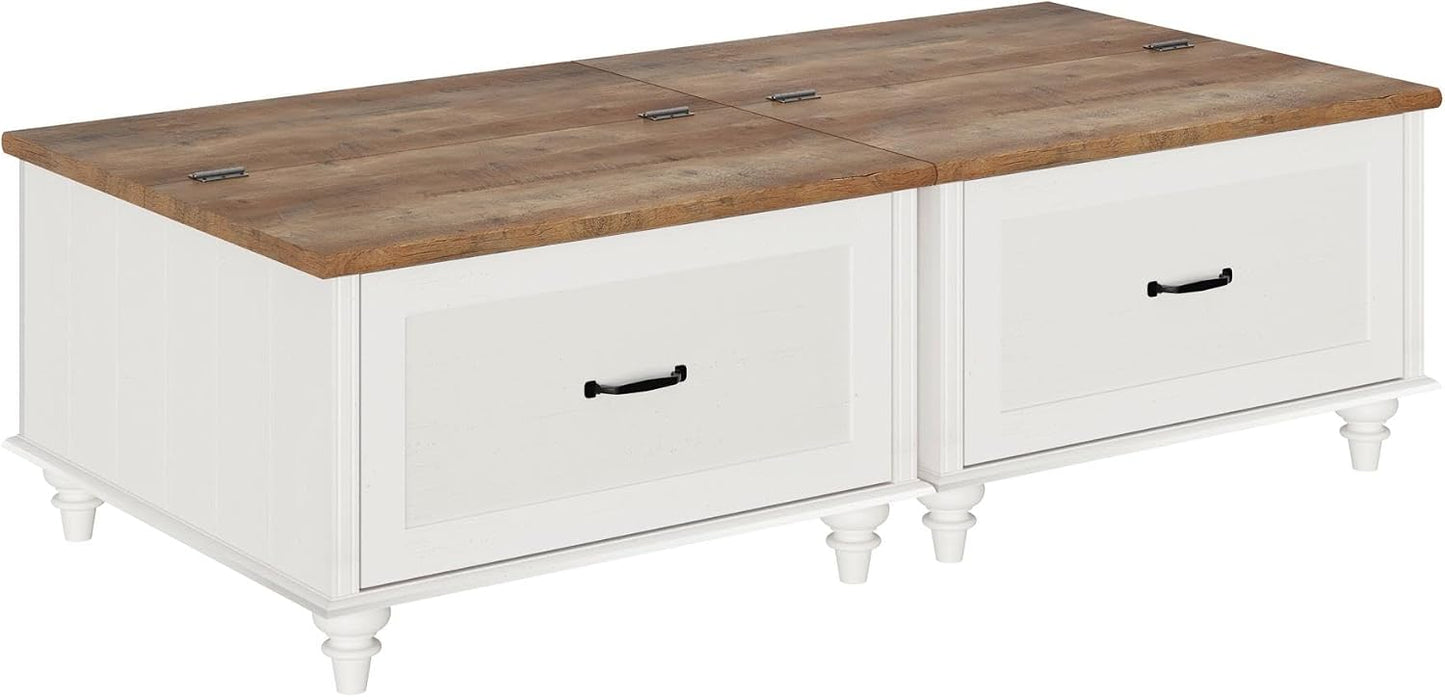 WAMPAT Farmhouse Coffee Table with Storage, Set of 2 Square Coffee Table with Lift Top & Drawers for Living Room, Wooden Center Table for Home & Office, White