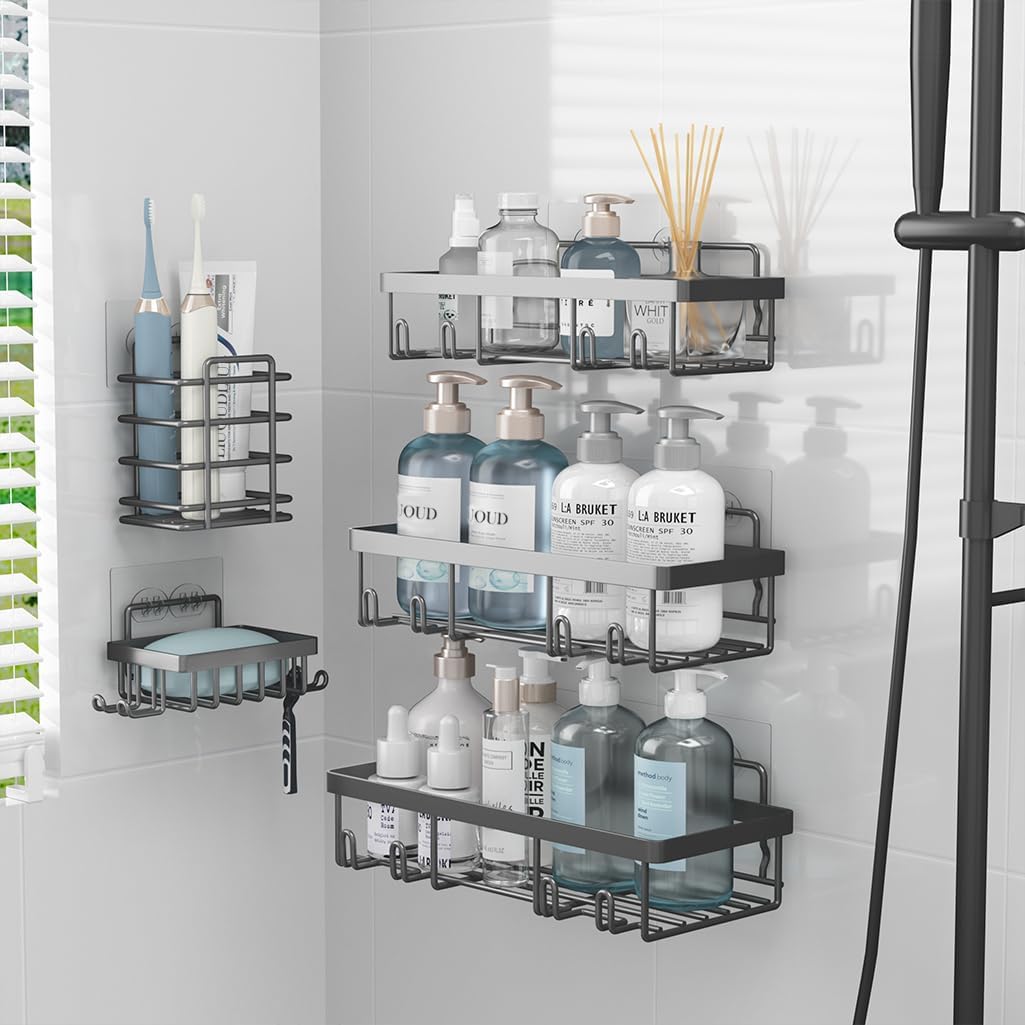Liuoud 5 Pack Shower Caddy Organizer Rack Shelf for Inside Shower, Self Adhesive Bathroom Wall Storage Basket Rustproof Stainless Steel Large Capacity Shampoo Holder, Dark Grey
