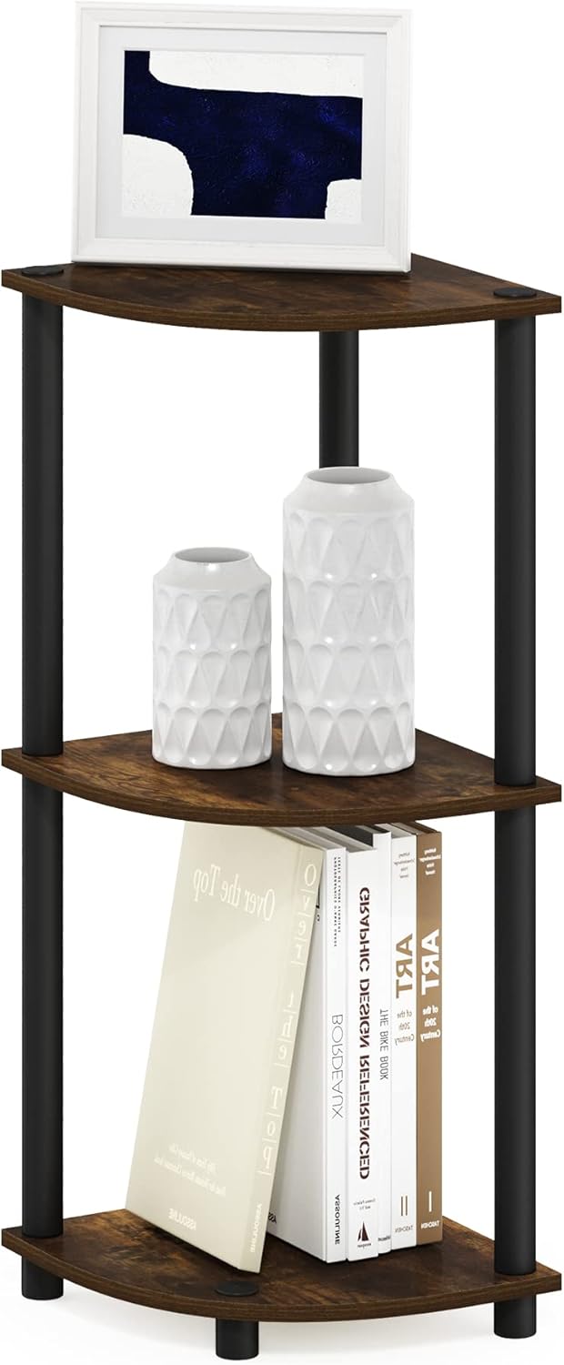 Furinno TURN-N-TUBE Corner Shelf, 4-Tier Corner Bookshelf, Display Storage Shelves with Open Shelves, for Organization and Storage, Living Room, Home Office, Garage, Dark Brown Grain