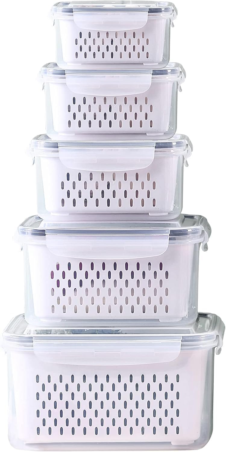 3Pack Fridge Food Storage Container Set with Lids with Strainer,Plastic Fresh Produce Saver Vegetable Fruit Meat Storage Organization, BPA-Free Plastic Produce Keepers(3.15L+1.7L+0.8L)