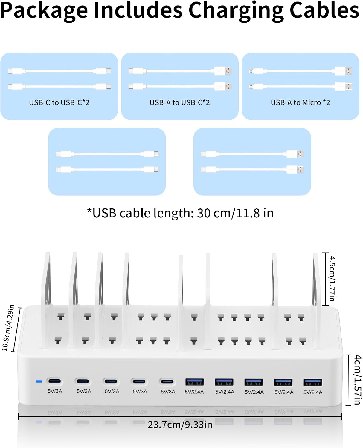 100W Charging Station for Multiple Devices, 10-Port USB Fast Charger, White | with Adjustable Dividers & 10 Cables- Multi Device Organizer Charging Dock for iPhone, iPad, Tablets & More