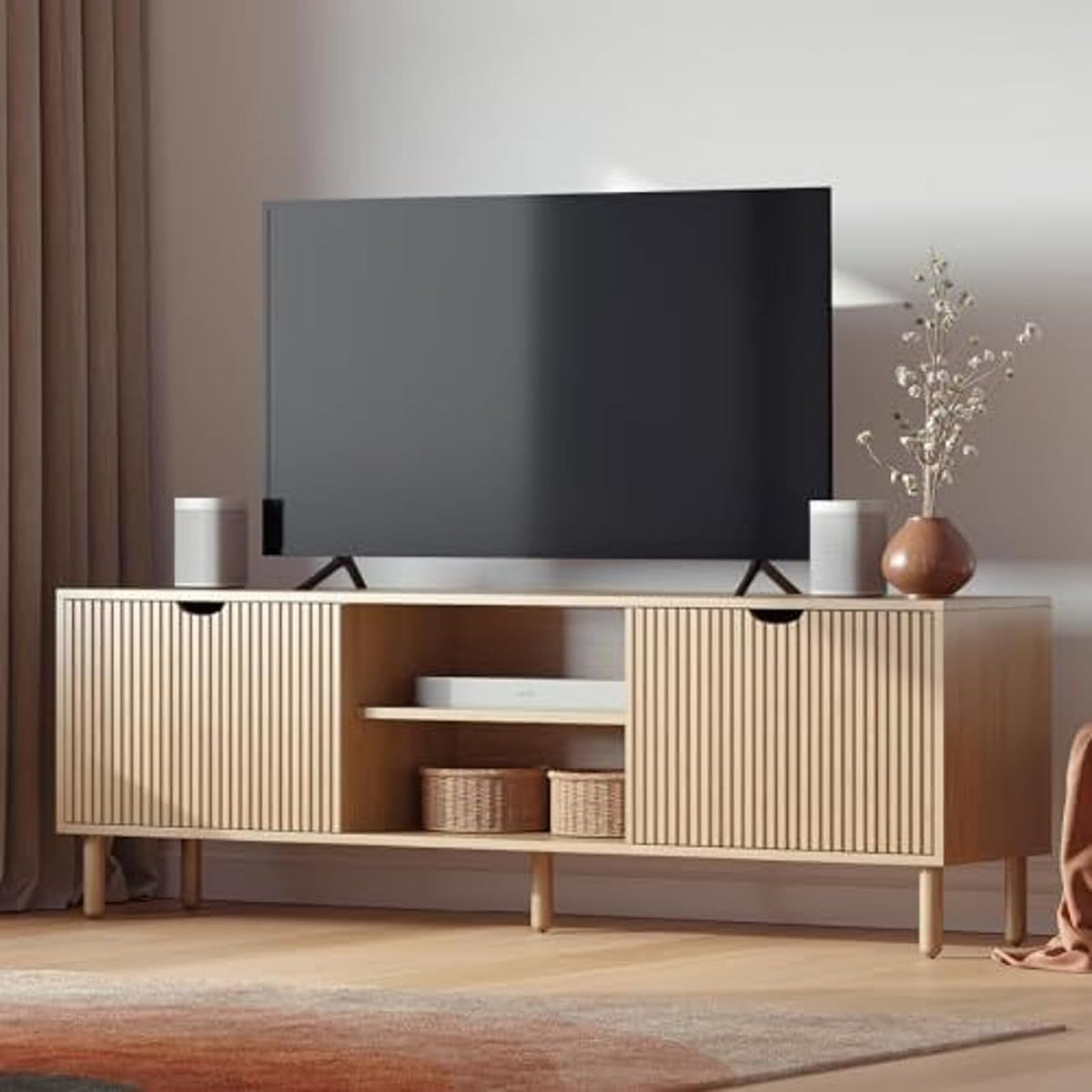 Stead Fluted Wood TV Stand - Soft-Close Doors & Adjustable Shelves TV Console with Storage - Cable Management Entertainment Center - Fluted Doors Hide Components Media Stand - Black, 70