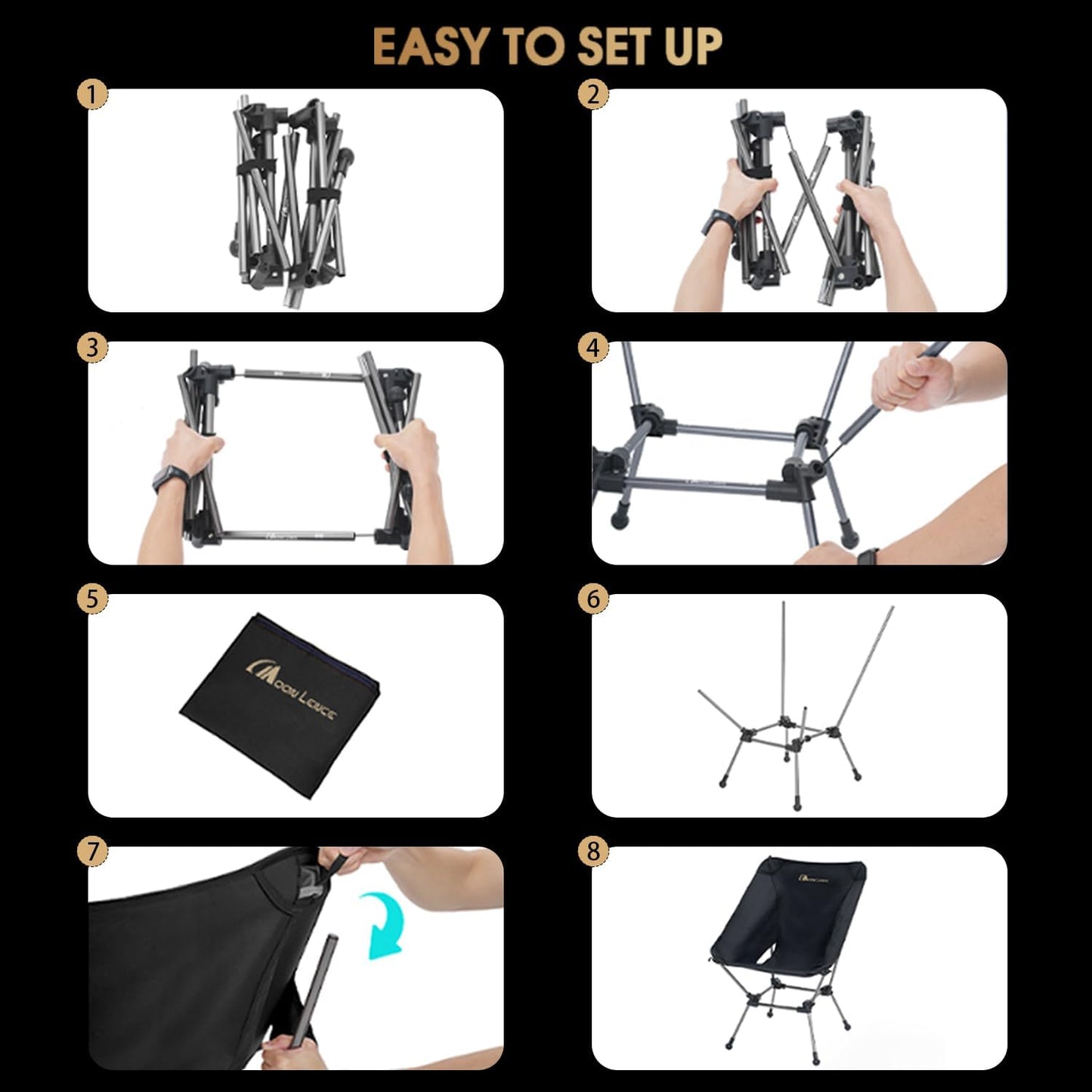 MOON LENCE Portable Camping Chair Plus, Larger & Roomier, Compact and Lightweight Still, Folding Chair for Backpacking & Hiking, 330Lbs Capacity (Black)