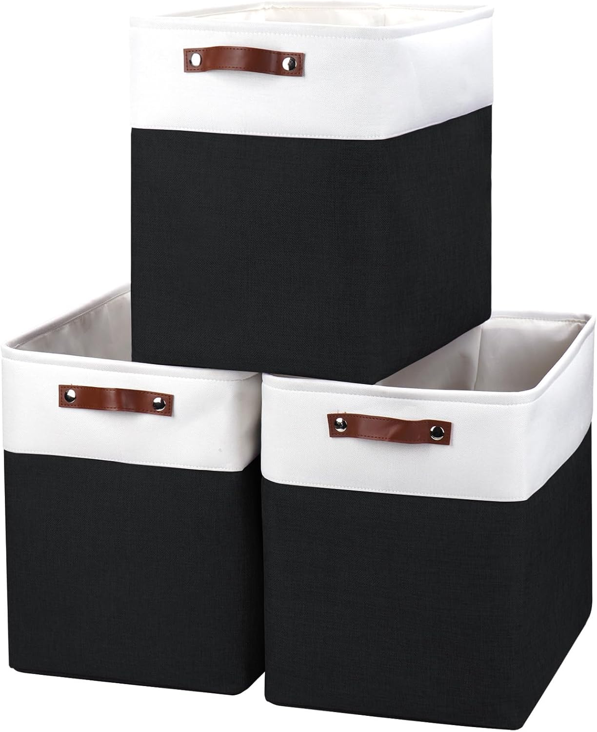 Bagnizer Storage Bins Large Fabric Storage Baskets for Shelves 3 Pack, Decorative Linen Closet Baskets with Handles for Organizing, Shelf, Clothes, Home, Office, 15x11x9.5Inches (Brown&White)