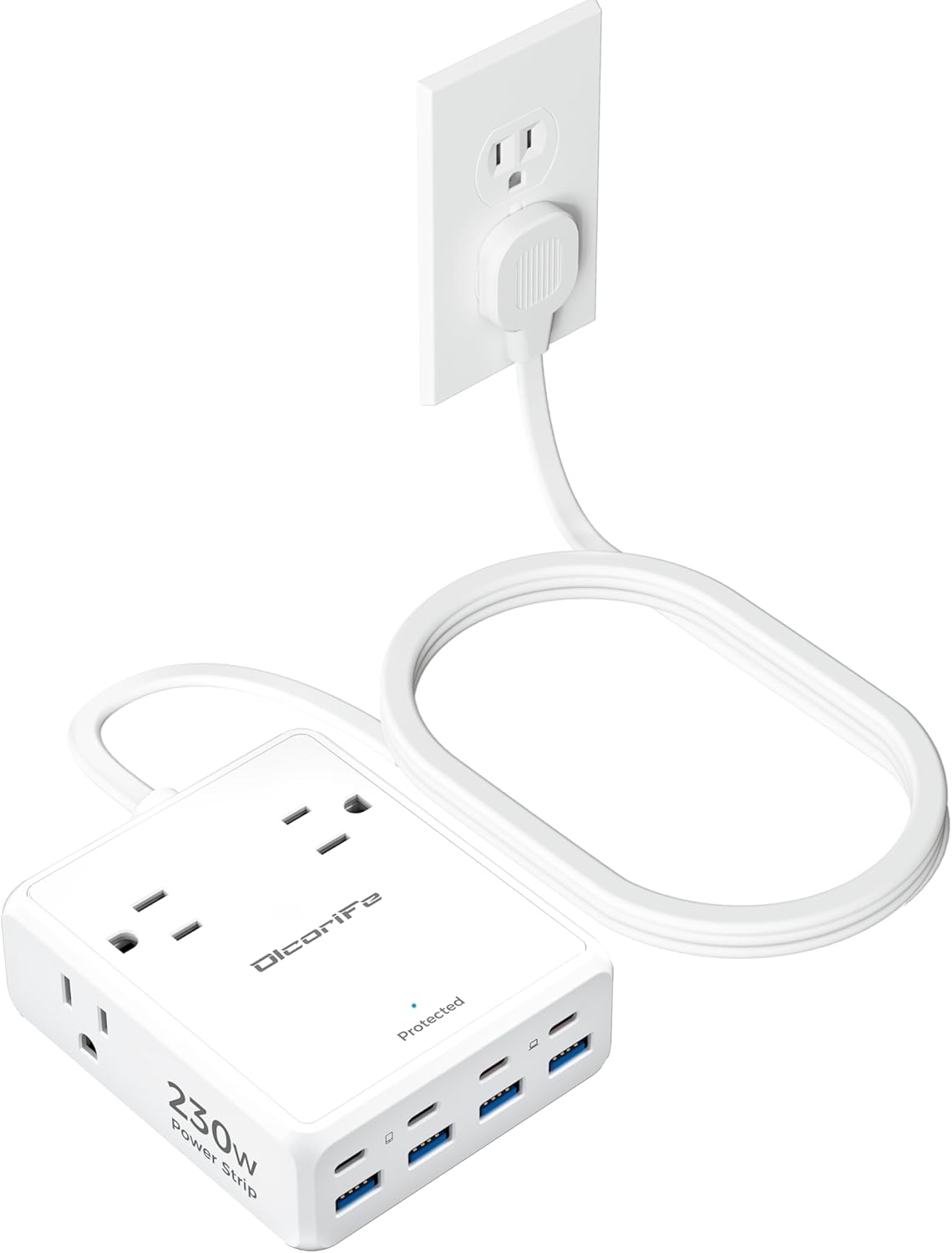 Olcorife Flat Plug Power Strip with 10 FT Extension Cord, 8 Outlets 8 USB Ports(4 USB C), 3 Sided Outlet Extender for Home Office Travel Dorm Room Essentials, White