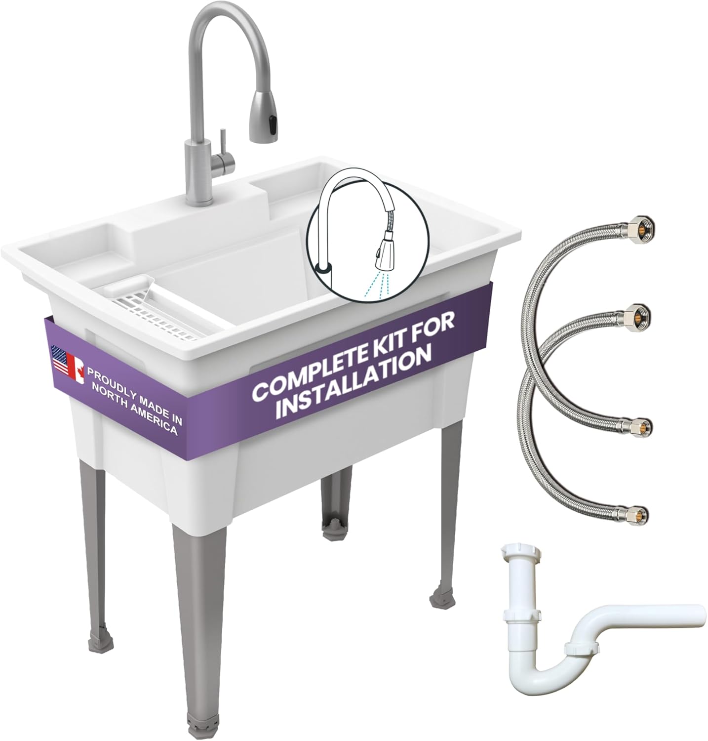 Standing Utility Sink with Steel Legs – 24” Space Saver Utility Sinks for Laundry Room, Garage, Garden, Basement – Noah William Home Indoor and Outdoor Basement Wash Tub (WHITE)