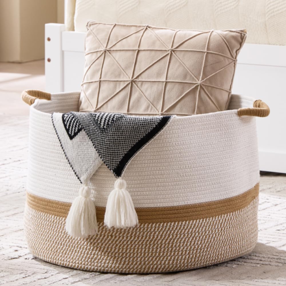Luxury Little Extra Large Nursery Storage Basket, 22 x 22 x 14 inches - 100% Cotton Rope Baskets with Handles, Blanket Basket for Toys, Blankets & Pillows - Inner Black