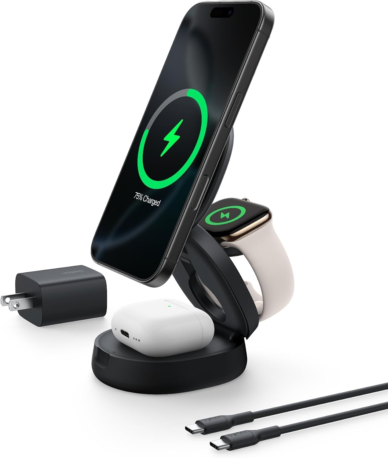 Belkin Qi2 15W Wireless Fast Charging Station, 2 in 1 iPhone Charger | Fast Charging, MagSafe Compatible, iPhone 17/16/15, AirPods, Travel Charger, Magnetic