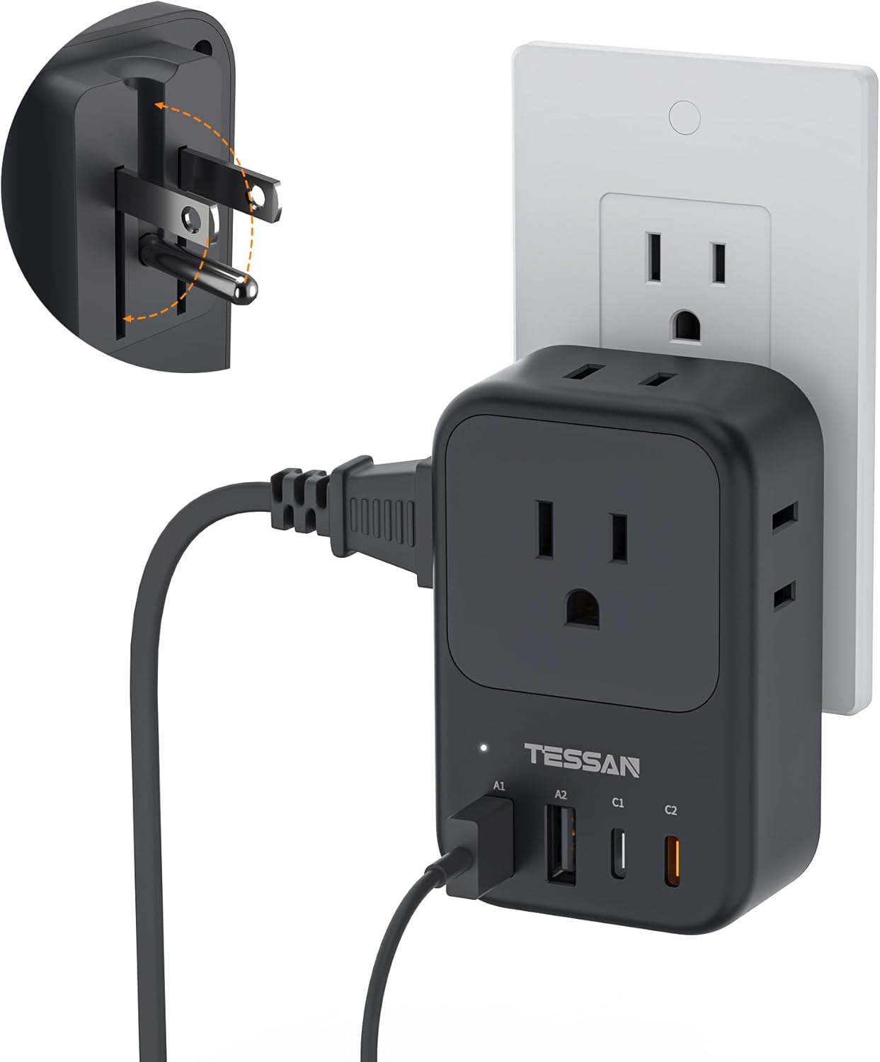 TESSAN USB C Charger Block 20W PD, Fast Charging Adapter with Foldable Plug, 1875W Power Outlet Extender(4 AC and 4 USB) for Cruise, Home, Office, Dorm Room Essentials, Grey
