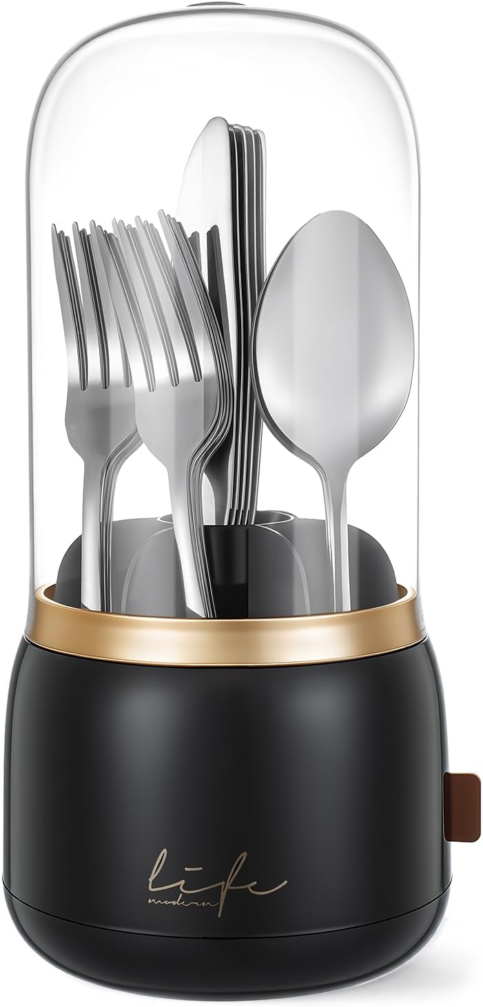 EXIN DECHEN 360° Rotation Silverware Organizer for Kitchen Counter,Utensil Holder Caddy Silverware Caddy Holder for Party,Spoon and Fork Organizer,7 Slots and Intermediate Drainage Device with Cover