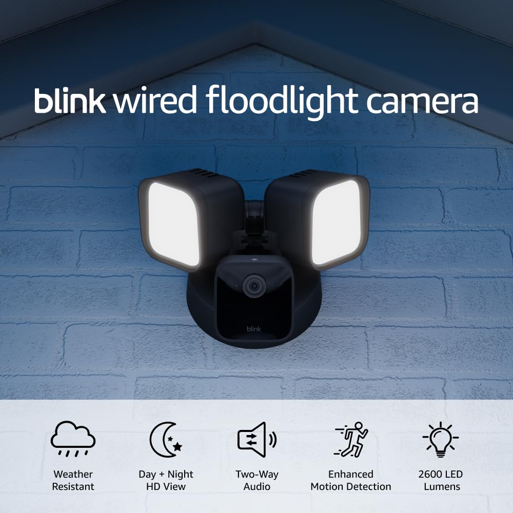 Blink Wired Floodlight Camera, Smart security camera, 2600 lumens, HD live view, enhanced motion detection, built-in siren, Works with Alexa, 1 camera (White)