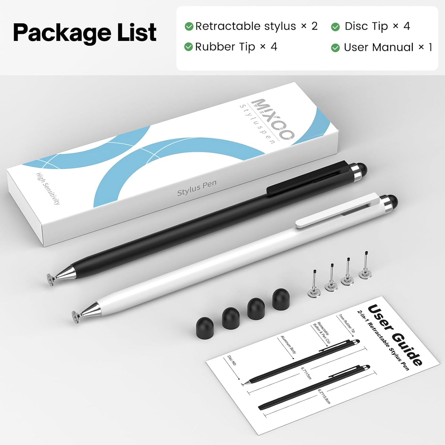 Stylus Pen for Touchscreen (2 Pack) - Mixoo 2-in-1 High Sensitivity Retractable Stylus with Smaller Disc Tip Universal Stylus for iPad iPhone Tablets Switch Capacitive Touch Screens (Black + White)