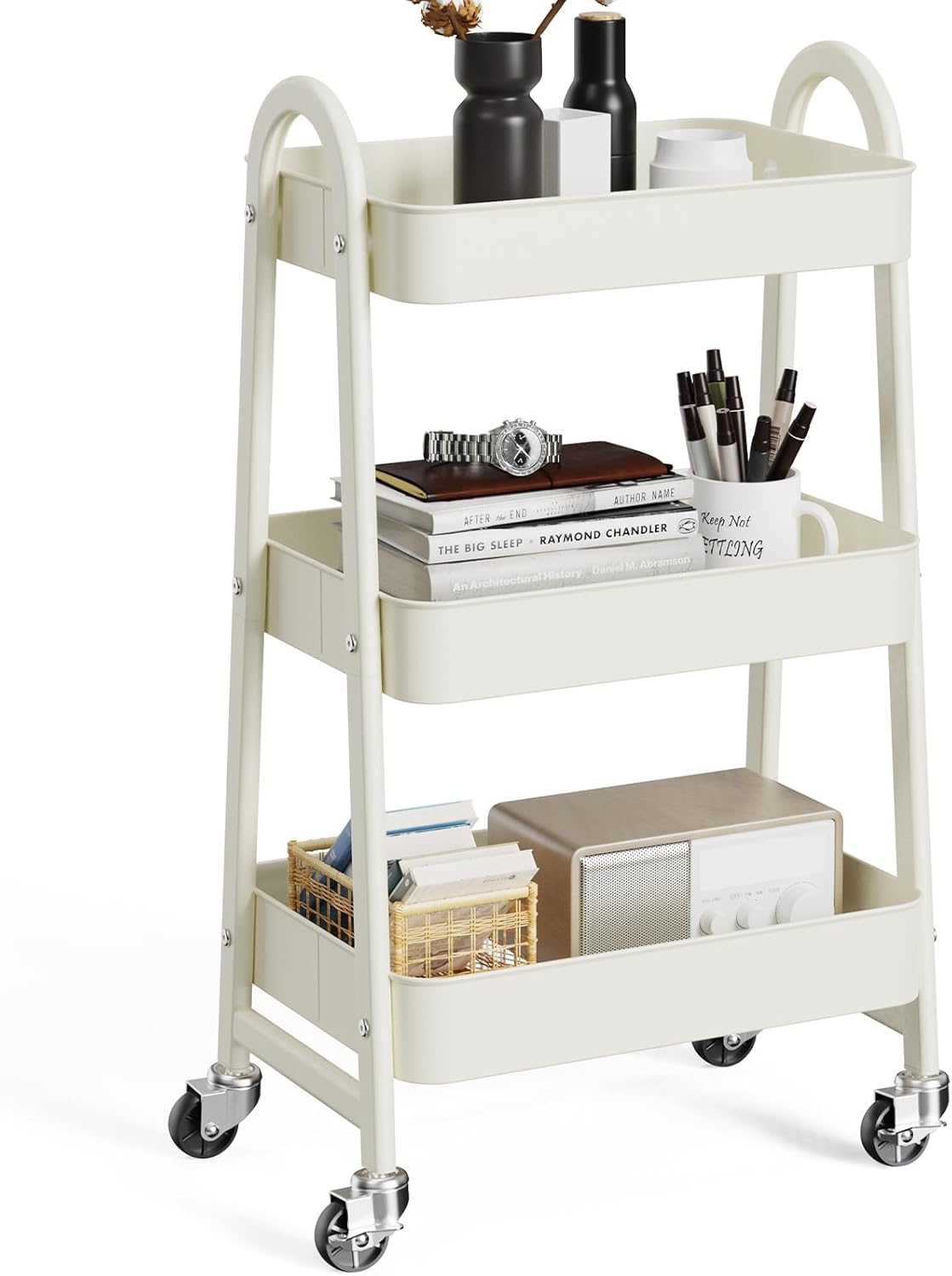 OLIXIS Metal 3 Tiers Utility Rolling Cart, Mobile Storage Shelf with Lockable Caster Wheels, Organization for Livingroom, Bathroom & Narrow Places, Gray