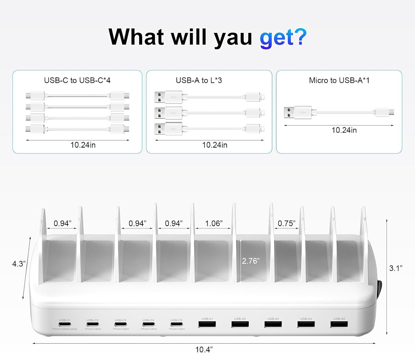 510W Fast Charging Station for Multiple Devices, 10 Port USB C Charger Station with Flame-Retardant Material & 8 Cables for iPhone, Android, iPad, Tablets, Family Office Desk Charging Dock Organizer