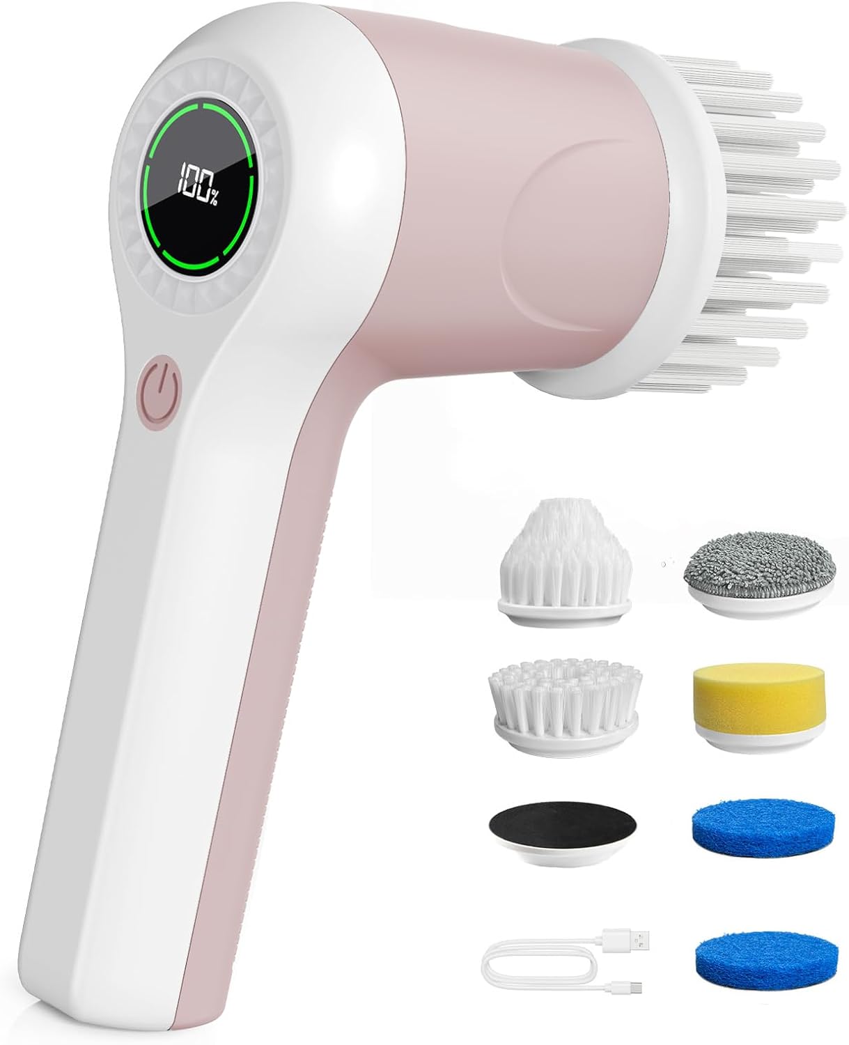 PUFTEM Electric Spin Scrubber, Cordless Shower Scrubber with Battery Level Display, 2 Speeds Electric Scrubber for Cleaning with 6 Replaceable Heads, Cleaning Brush for Bathroom/Sink/Window